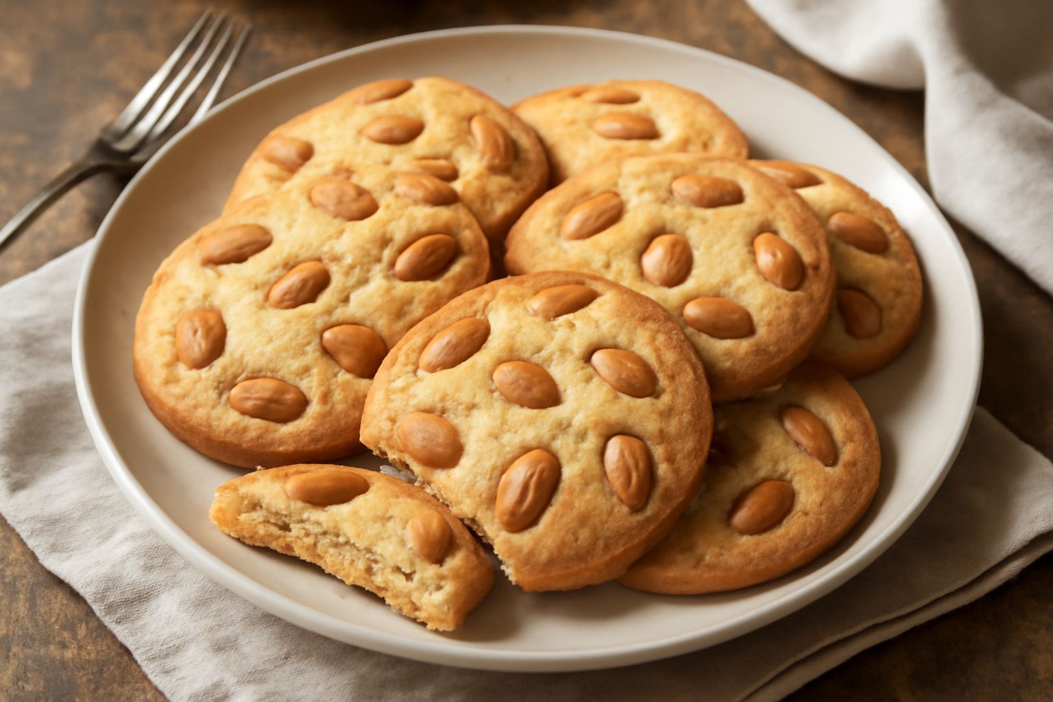Biscotti Pinerolese tondi e dorati con mandorle intere in superficie, disposti su una carta bianca, tagliati in sezione per mostrare l'interno friabile e le mandorle distribuite uniformemente