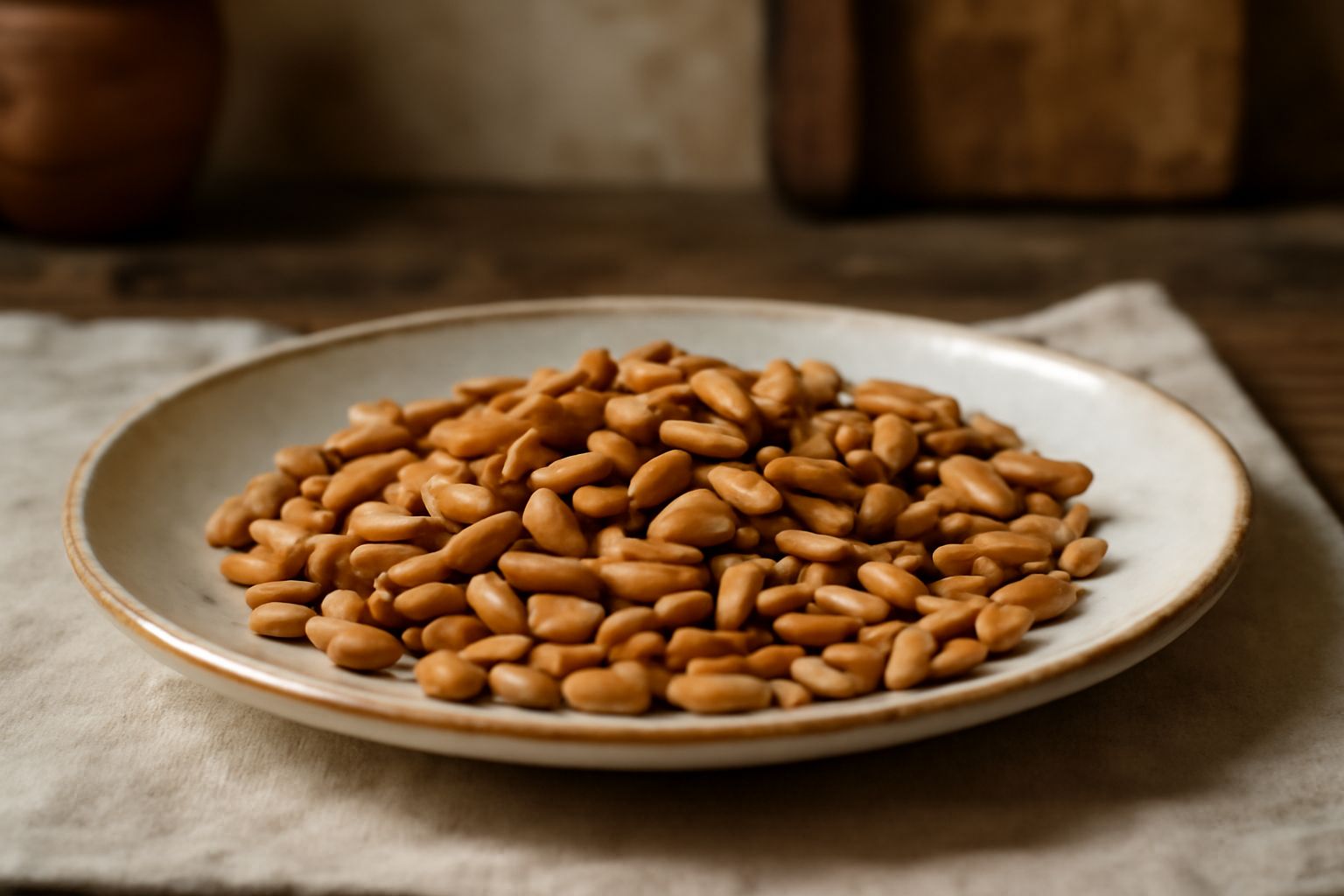 Pinoli dorati e croccanti appena tostati in una padella antiaderente, con aroma visibile da leggero fumo; alcuni sparsi su un piatto bianco