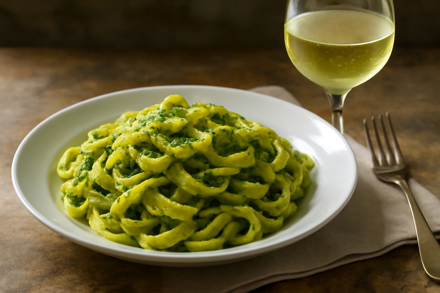 Bicchiere di Pinot Grigio trasparente con vino giallo paglierino, servito su tavolo con piatto di pasta ai frutti di mare e limone fresco accanto