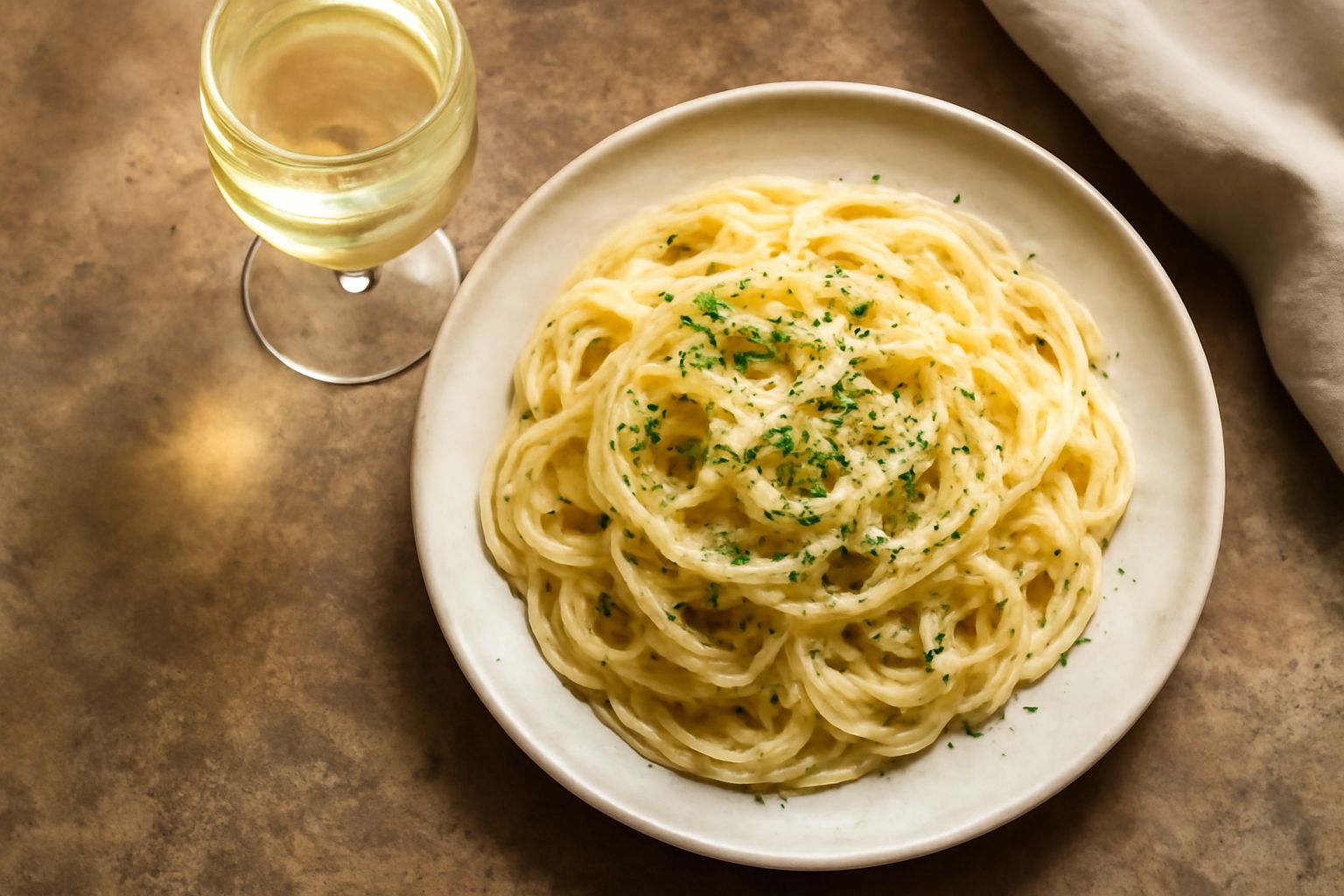 Calice di vino bianco Pinot Grigio con riflessi dorati, collocato su uno sfondo di colline verdi e vigneti, accanto a un piatto di pesce fresco e erbe aromatiche