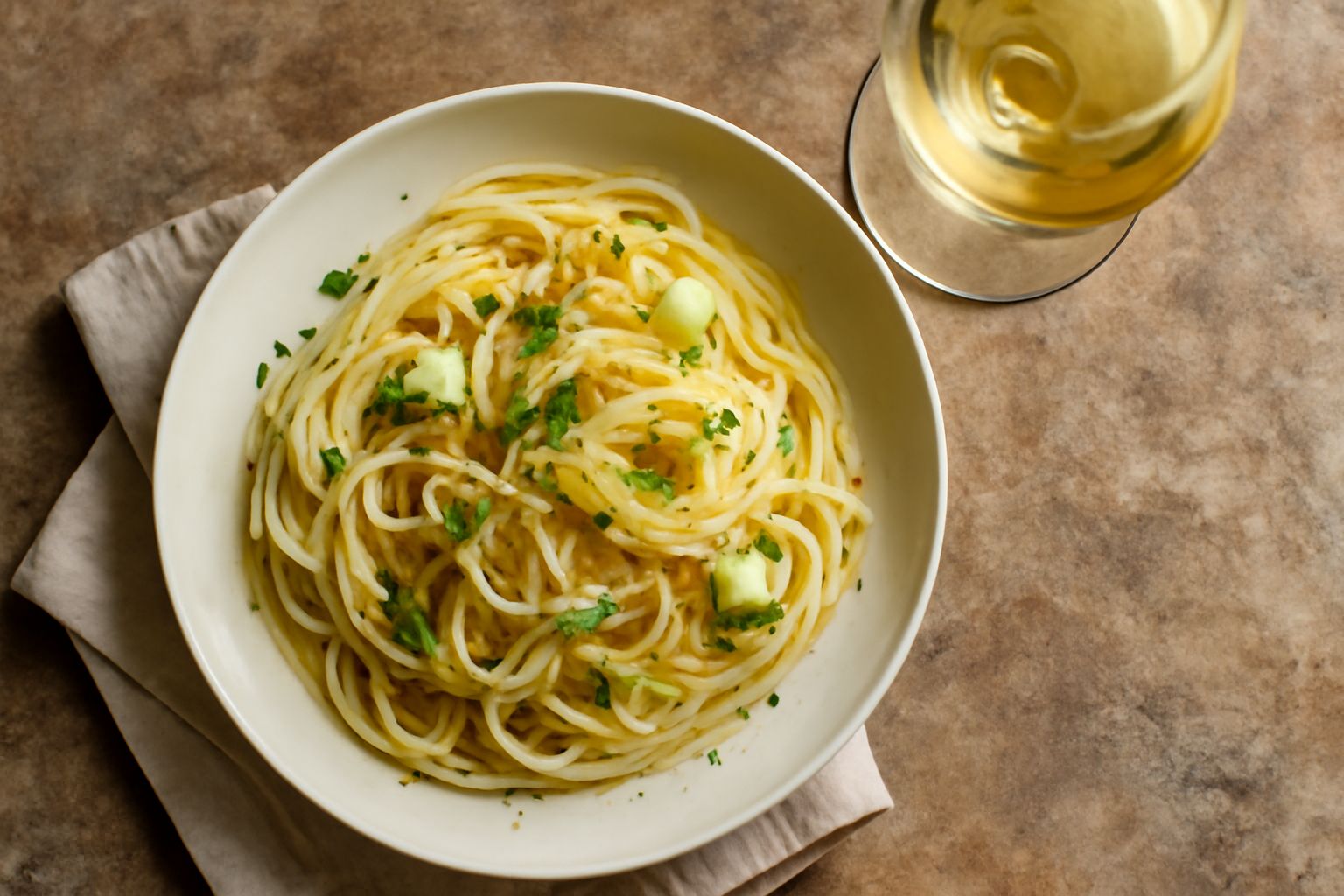 Calice di Pinot Grigio del Friuli colore giallo paglierino chiaro su tavolo di legno chiaro con grappolo d'uva verde sfocato sullo sfondo e luce naturale che illumina il vino