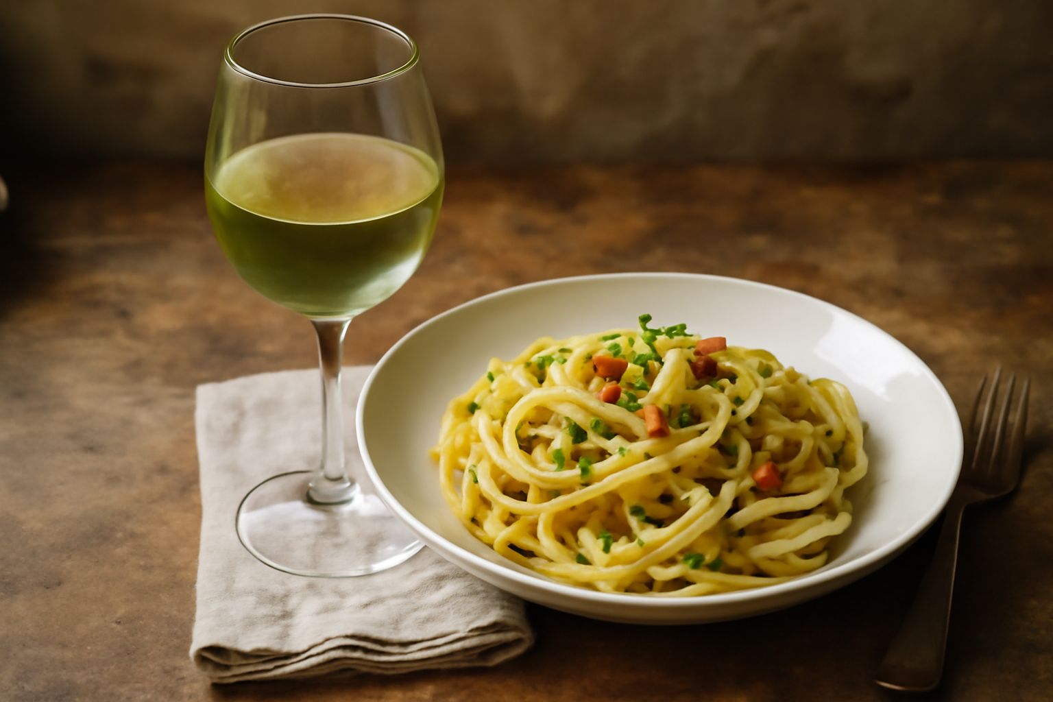 Calice di Pinot Grigio lombardo trasparente con riflessi gialli paglia, accanto a piatto con pesce bianco e limone su tavolo di legno chiaro
