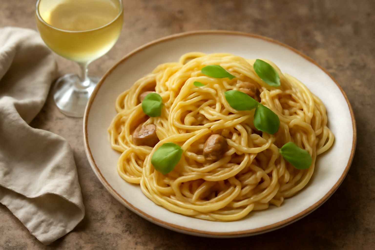 Bicchiere di Pinot Grigio delle Venezie di colore giallo paglierino con riflessi verdognoli, servito in calice trasparente su tavolo di legno naturale con uva bianca e limone sullo sfondo