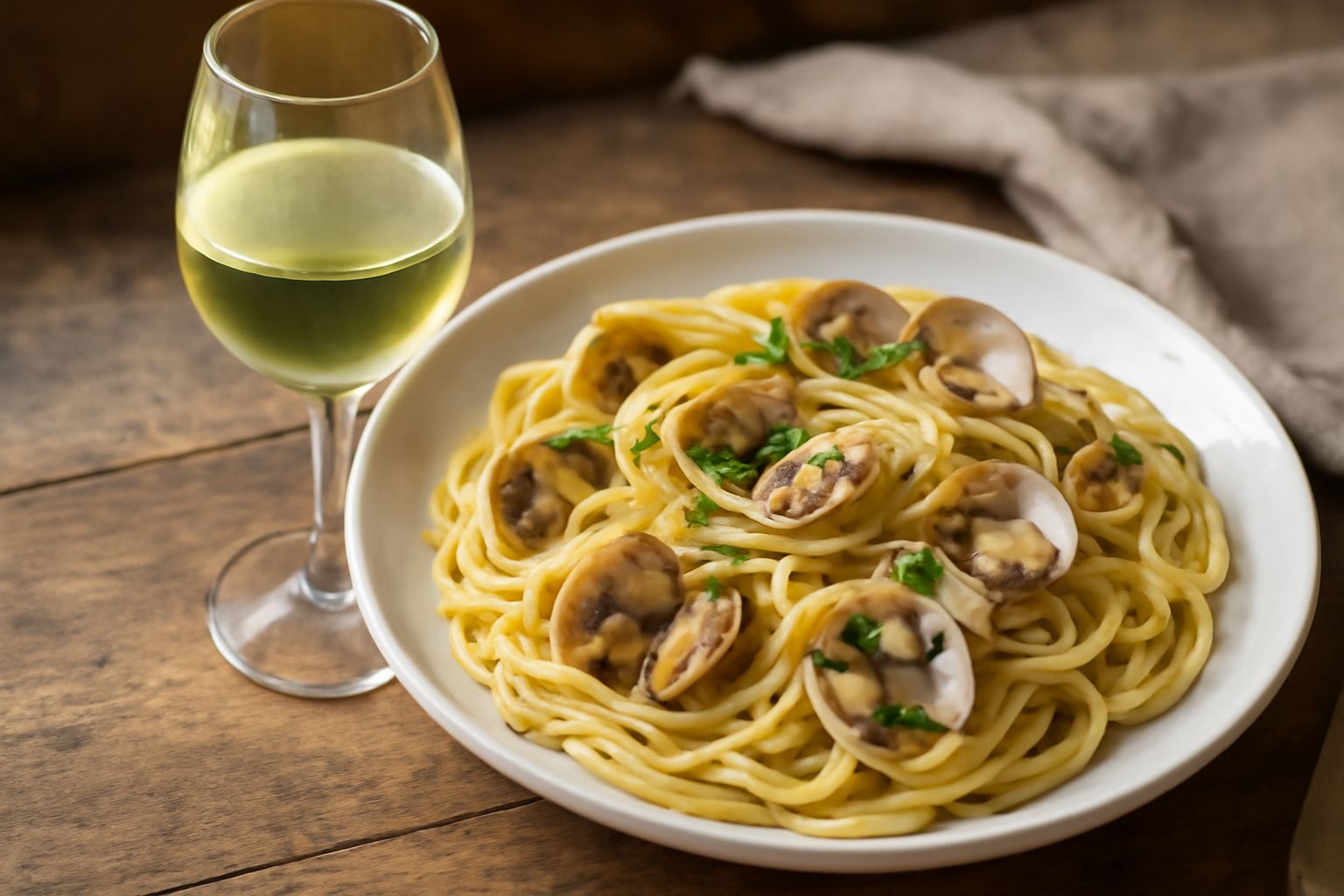 Bicchiere di vino bianco Pinot Grigio servito freddo in un calice trasparente, con riflessi gialli e verdi, accompagnato da piatto di pesce bianco al forno e limone fresco sul tavolo