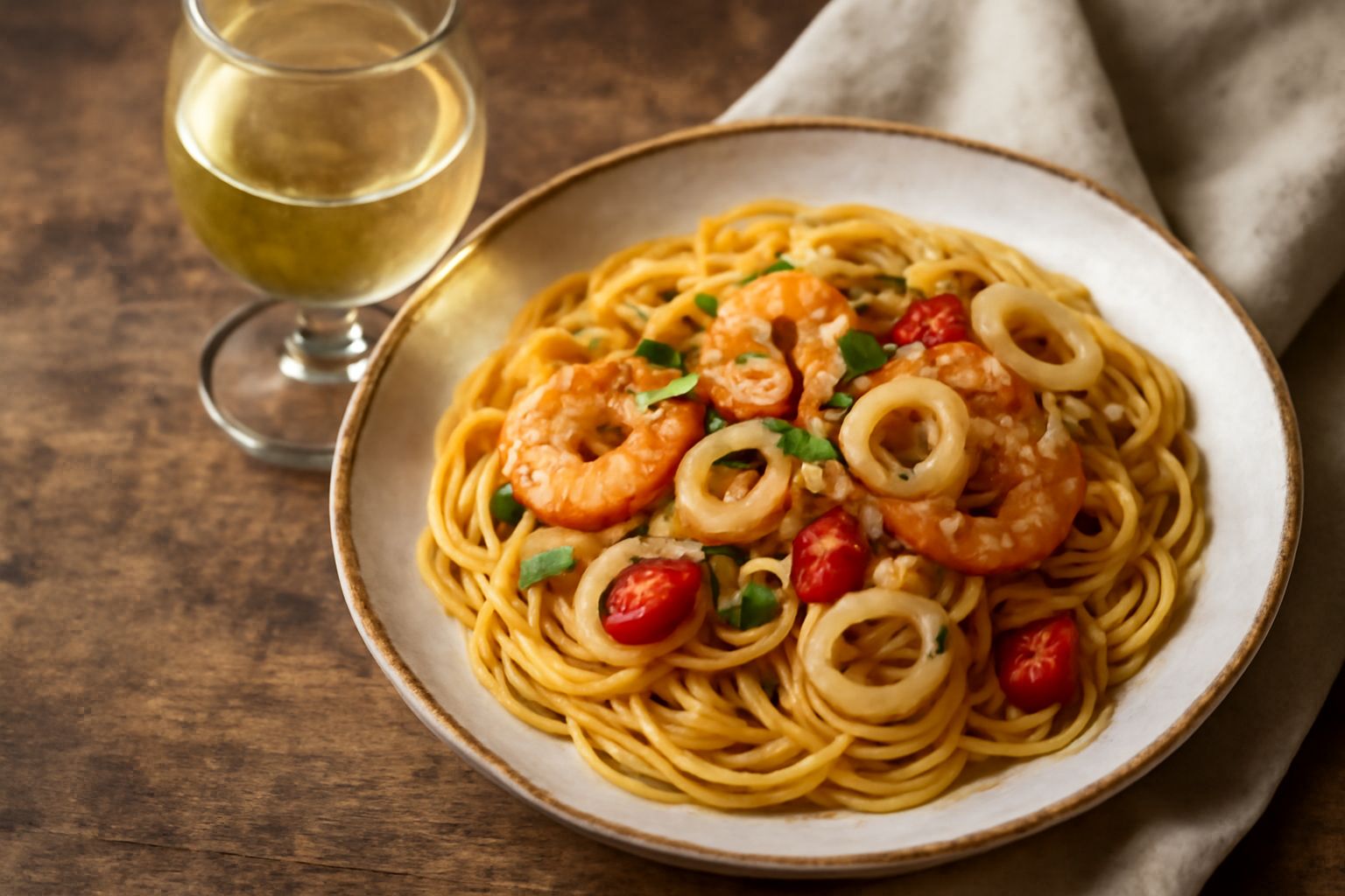 Calice di Pinot Grigio Marchigiano dal colore giallo paglierino chiaro, con riflessi verdognoli, servito su tavola di legno bianco accanto a un piatto di ostriche e spicchi di limone fresco