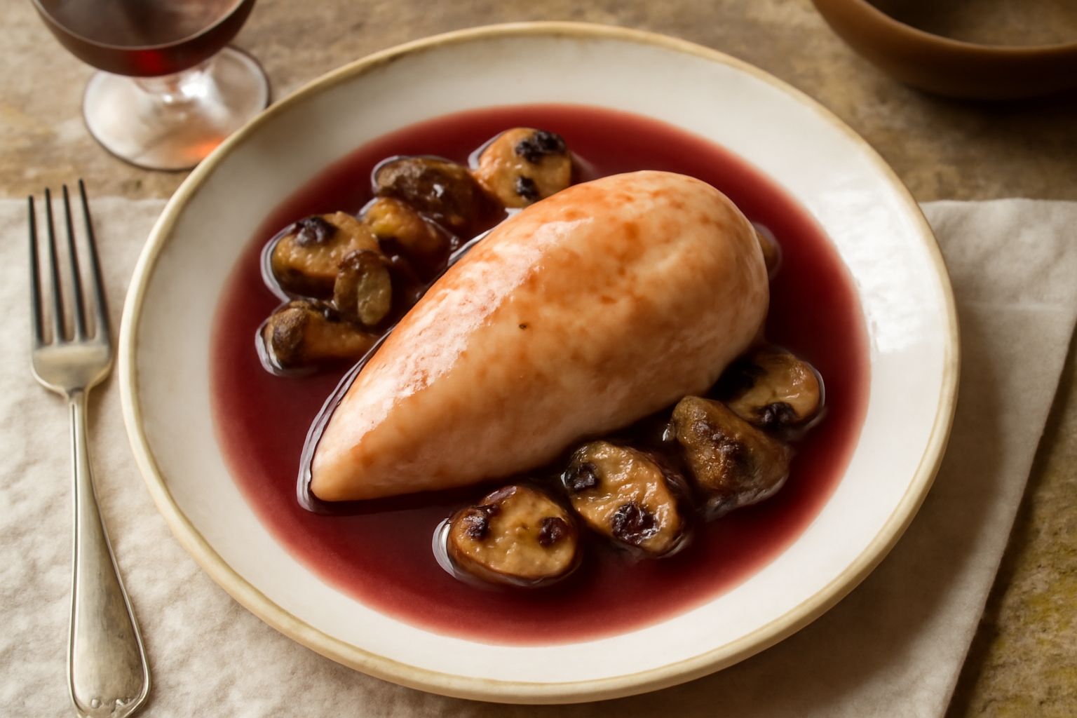 Un calice di Pinot Nero rosso trasparente accanto a un piatto con petto di pollo dorato in salsa di funghi scuri su fondo bianco, con erbe fresche di timo sparse intorno