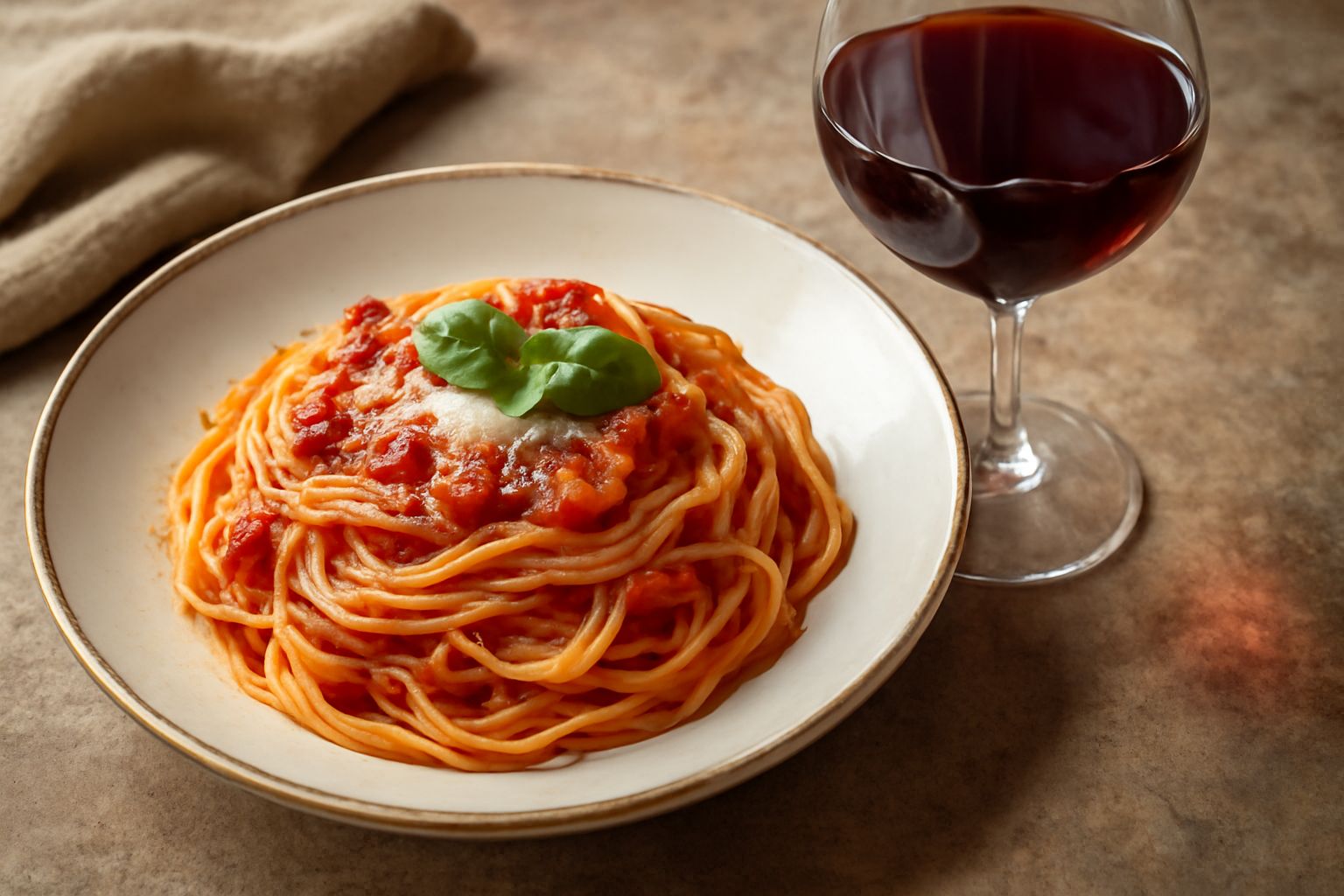 Calice di vetro trasparente contenente vino rosso rubino, con riflessi granato alla luce, posato su tavola bianca; accanto una bottiglia di Pinot Nero e grappoli di uva scura