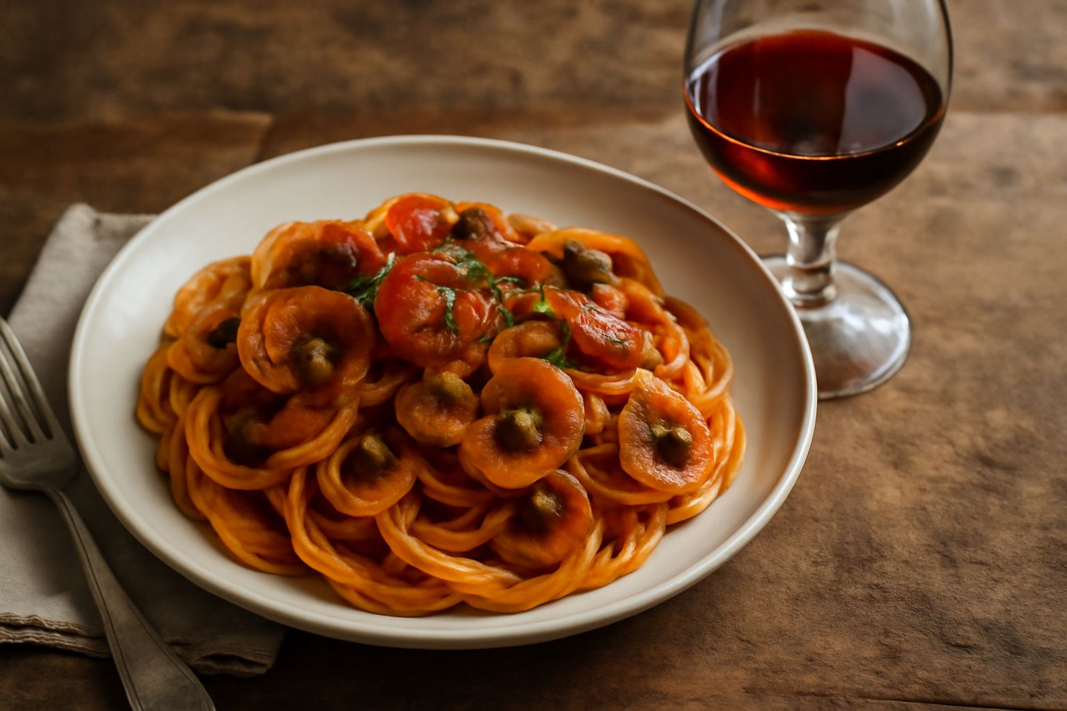 Bicchiere di Pinot nero rosso rubino dell'Oltrepò Pavese con riflessi trasparenti, accanto a una bottiglia scura etichettata e a un piatto di risotto ai funghi porcini su sfondo in legno caldo.