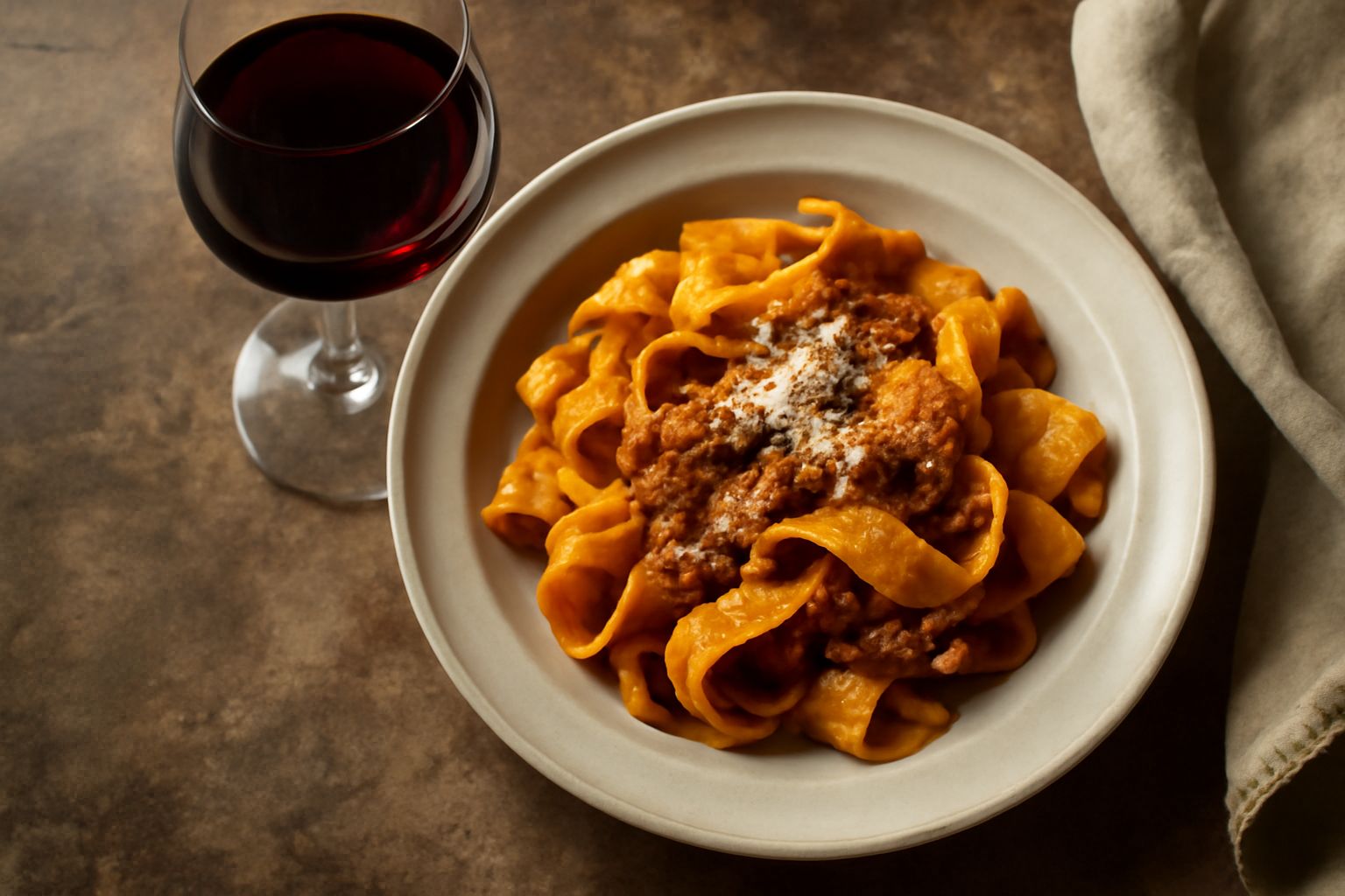 Un calice di Pinot Nero Toscano di colore rosso rubino acceso su un tavolo di legno, con sfumature di ciliegia trasparenti alla luce, accanto a formaggi freschi e uva rossa.