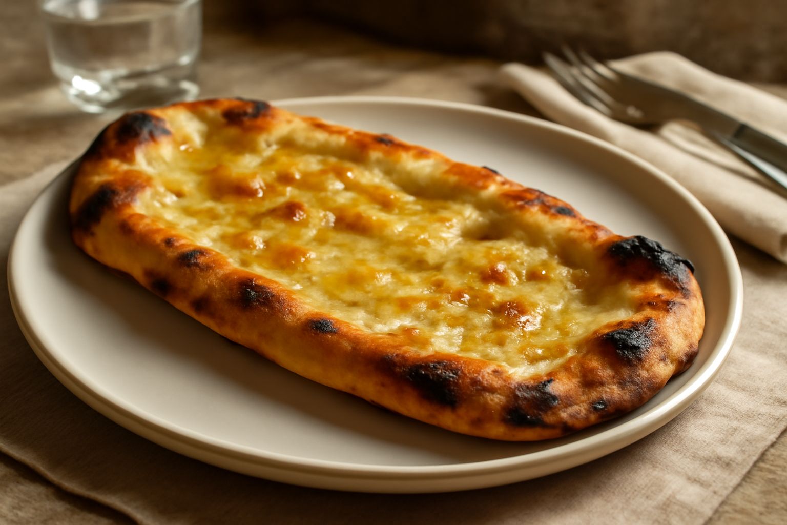 Pinsa romana allungata su piatto bianco, superficie dorata e croccante, spigoli leggermente carbonizzati, condita con olio extravergine e sale grosso