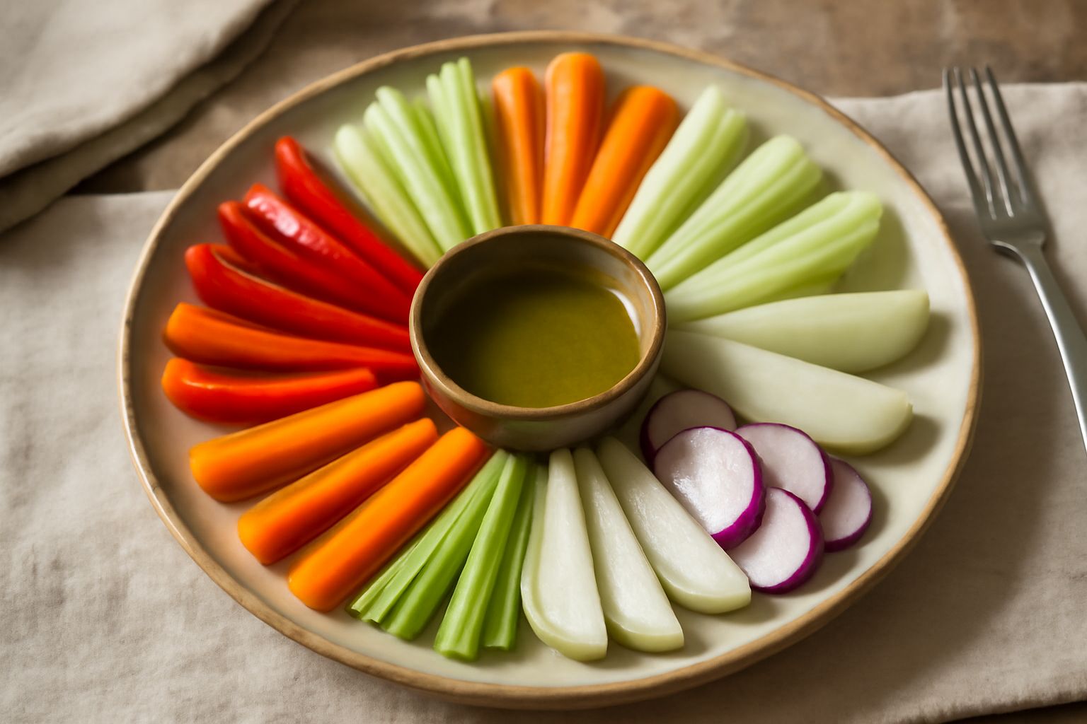 Pinzimonio su piatto bianco: bastoncini di carota arancione, sedano bianco, peperone rosso e giallo, ravanello rosa, finocchio pallido, accanto a una ciotola di olio d'oliva con sale e pepe grosso