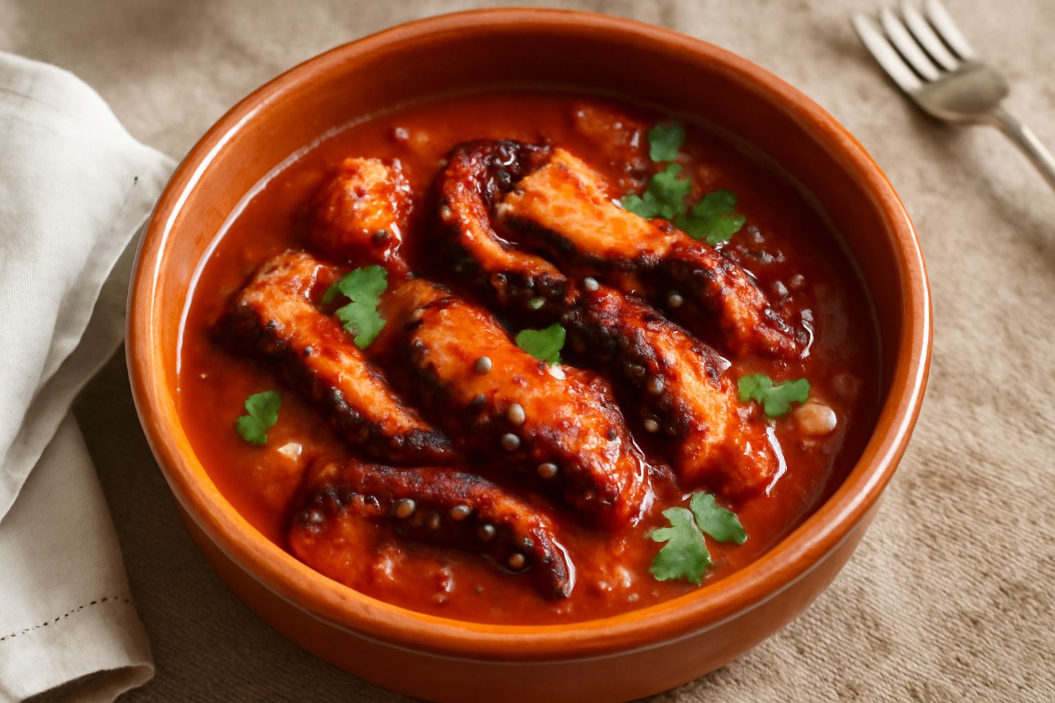 Pignatta di terracotta con piovra morbida e braccia intere in salsa di pomodoro, con aglio e pepe nero visibili, servita in un piatto bianco fondo con cucchiaio di legno