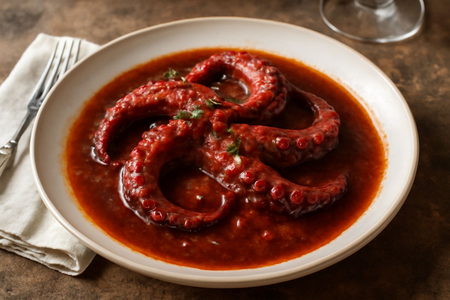 Piovra in umido servita in un piatto di ceramica bianca, bracioli rossi immersi in sugo di pomodoro denso e scuro, guarnita con prezzemolo fresco tritato fine, olio d'oliva in gocce sulla superficie