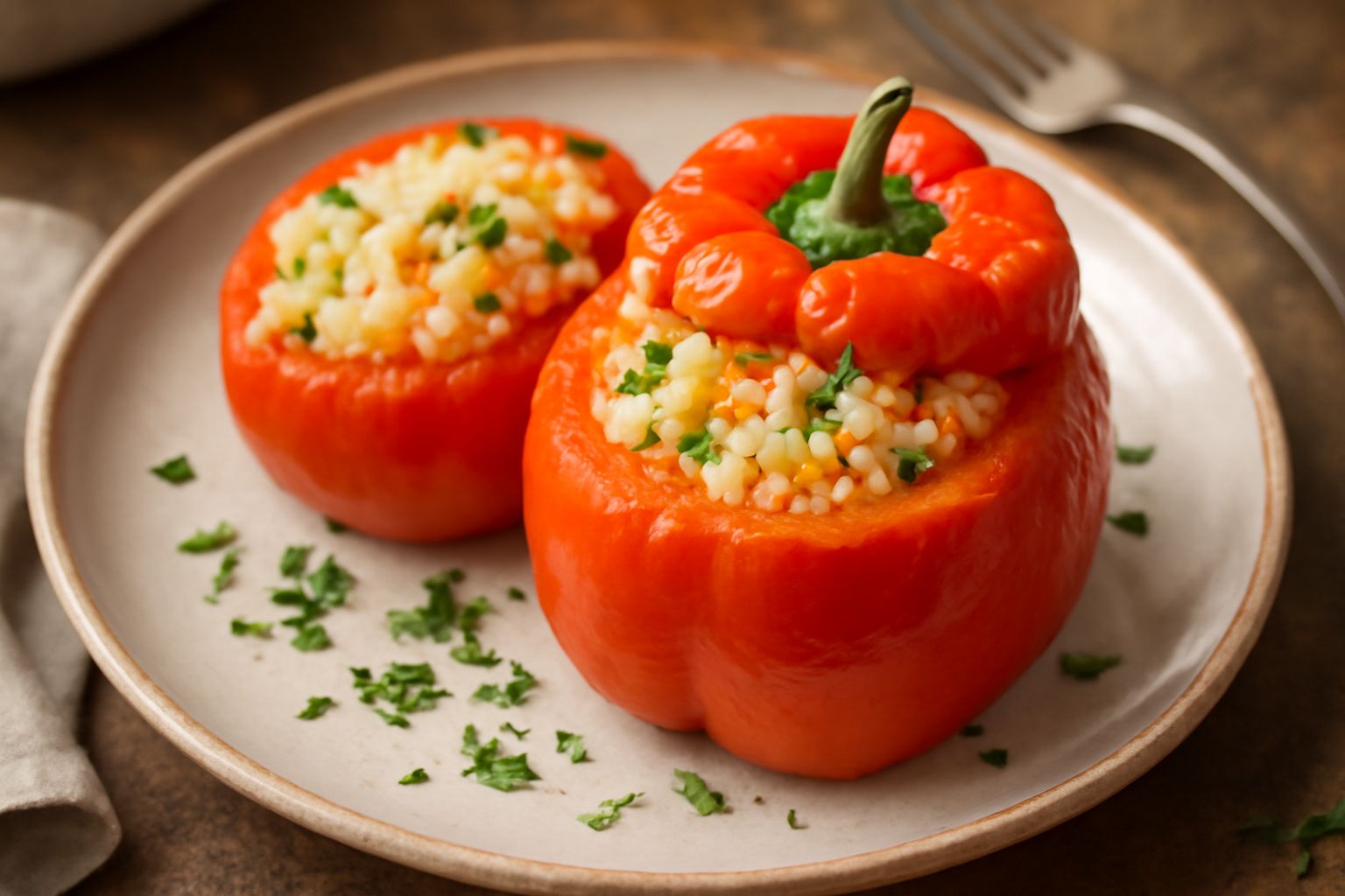 Quattro peperoni ripieni di colori diversi, rosso e giallo, disposti in una pirofila da forno, con riso bianco che esce dal ripieno, spolverati di prezzemolo fresco verde