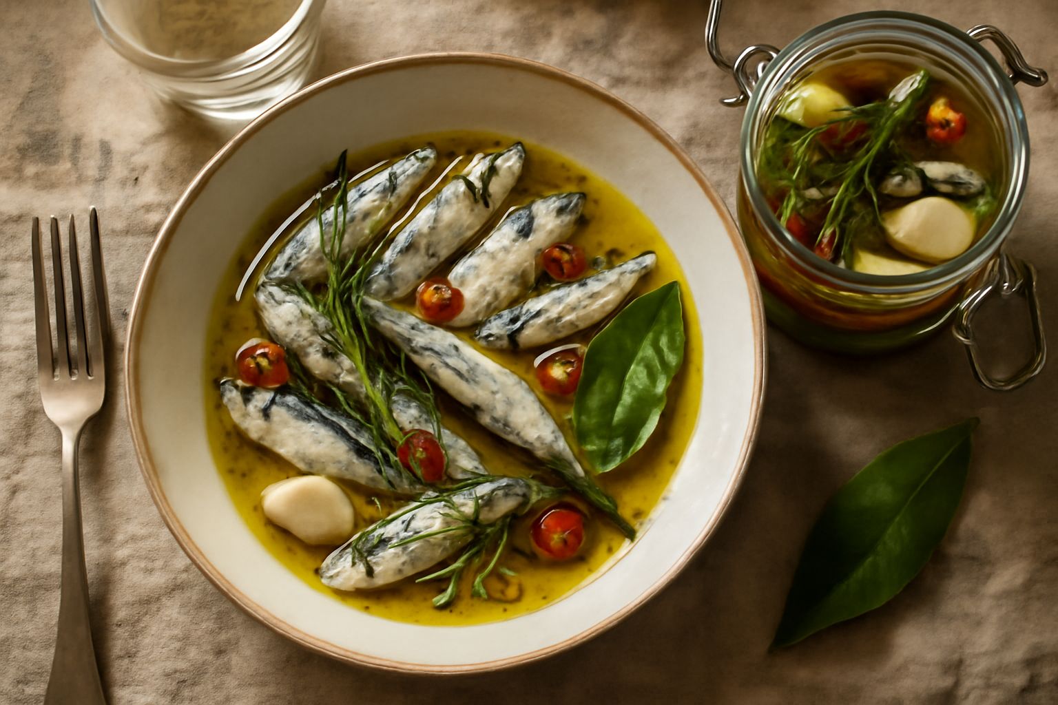 Barattolo di vetro con piscetti argentati immersi in olio trasparente, aglio affettato, peperoncini rossi e rametti di rosmarino, sfondo bianco naturale