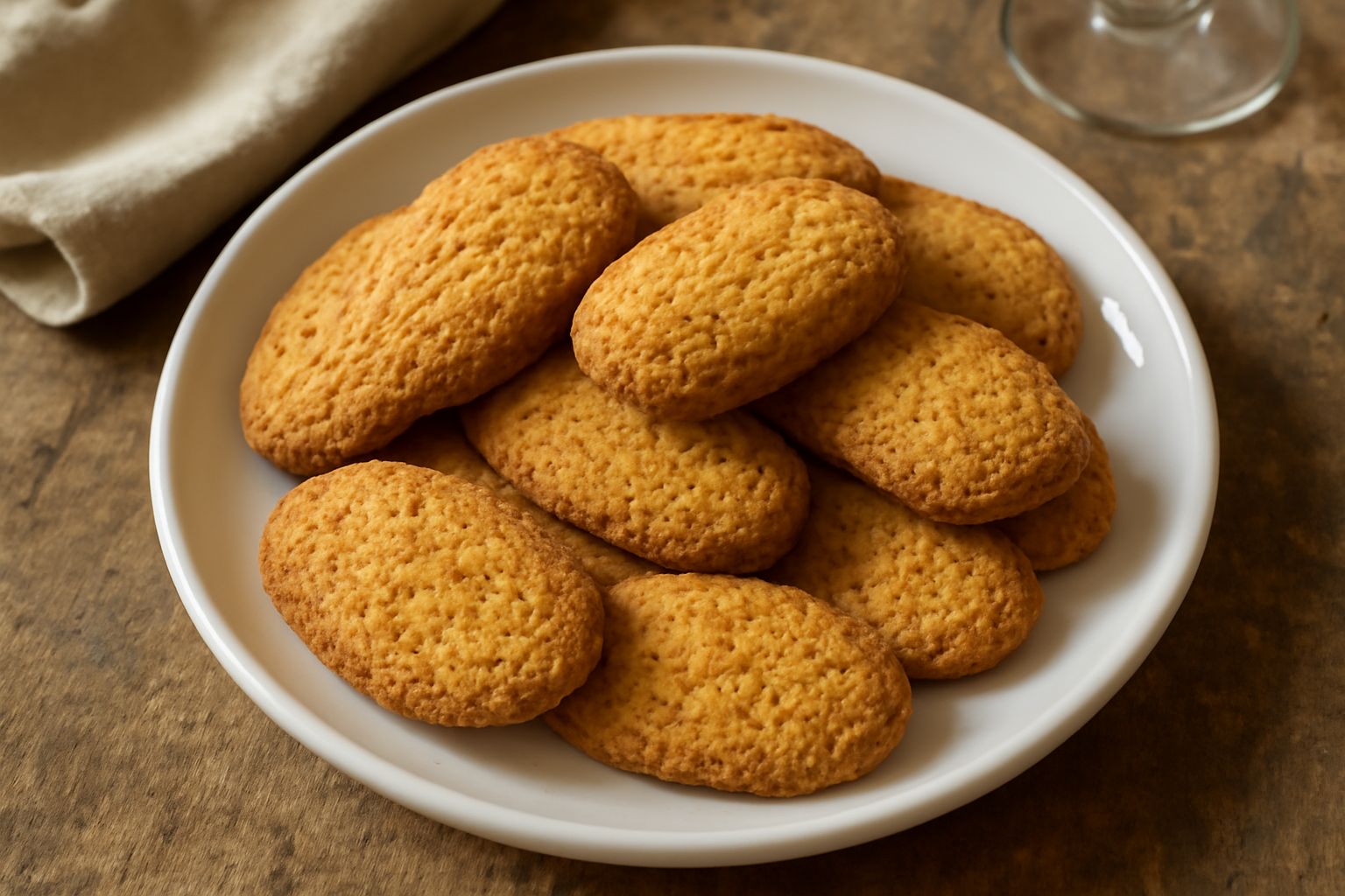 Biscotti «piscialandò» dorati e friabili su piatto bianco, con texture ruvida visibile, accanto a una tazza di caffè e un tovagliolo di lino