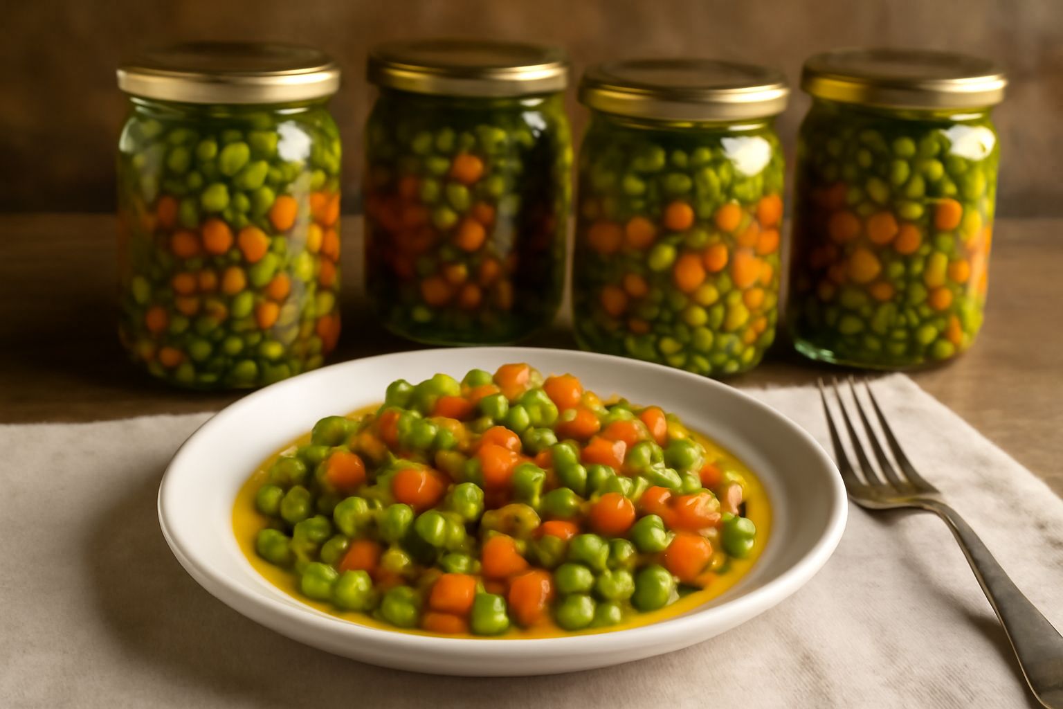 Barattoli di vetro trasparenti con piselli verdi brillanti e fettine di carota arancione immerse in liquido chiaro, etichette bianche su ripiano di legno in penombra