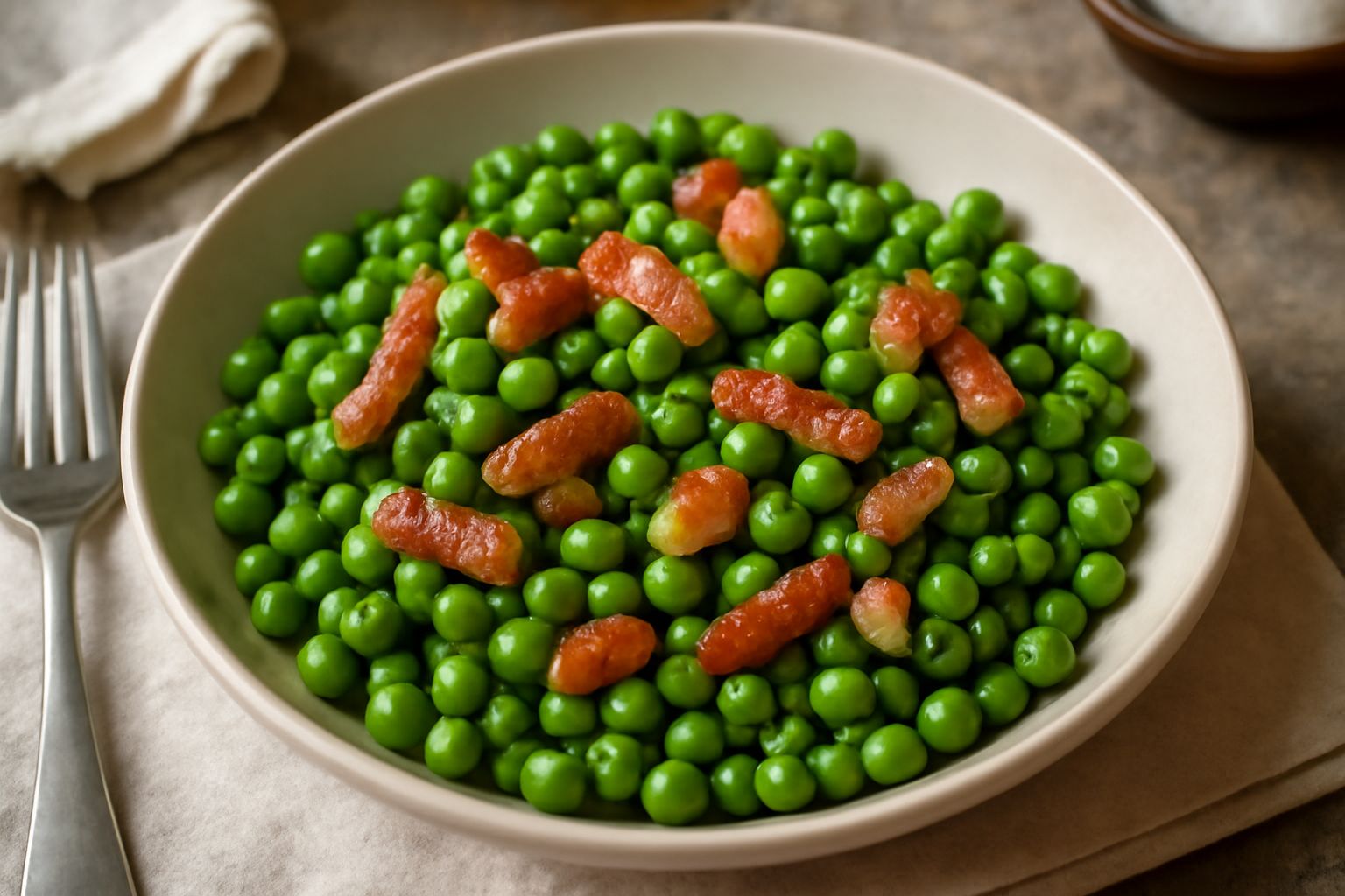 Piatto bianco con piselli verdi brillanti sparsi nella scodella, pezzetti di pancetta dorata croccante distribuiti fra i legumi, olio trasparente che luccica sulla superficie, presentazione sobria e f