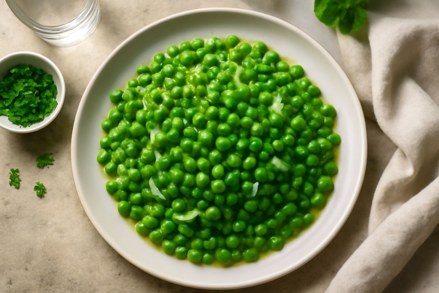 Piselli freschi color verde smeraldo saltati in padella di ghisa, con piccoli pezzi di cipolla dorata, una noce di burro e una spruzzata di prezzemolo fresco nel piatto bianco
