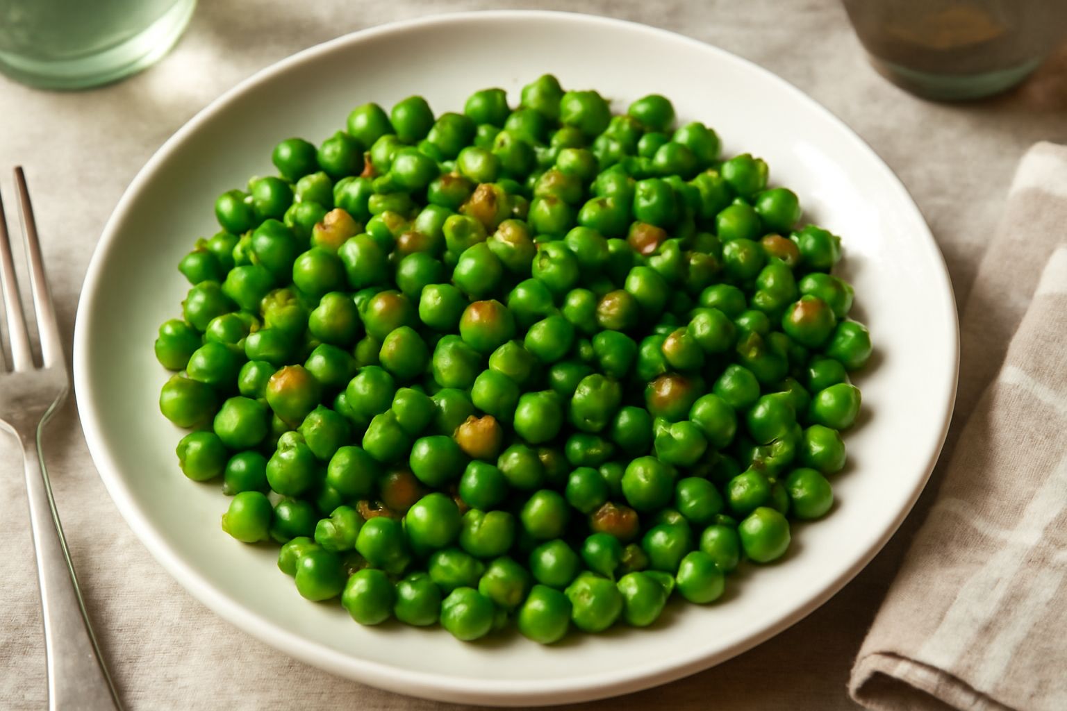 Piselli verdi brillanti saltati in padella con spicchi d'aglio dorato e prezzemolo fresco, serviti in un piatto bianco con un filo d'olio d'oliva visibile