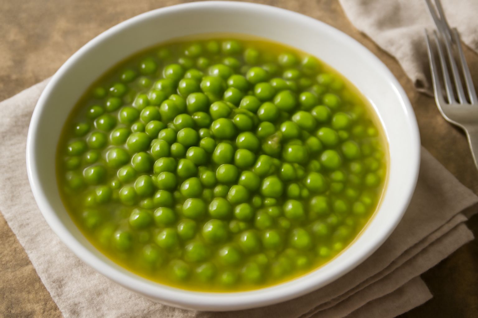 Piselli verdi brillanti immersi in brodo leggero in una ciotola bianca, con cipolla dorata e filo d'olio extravergine, vapore leggero che sale dal piatto