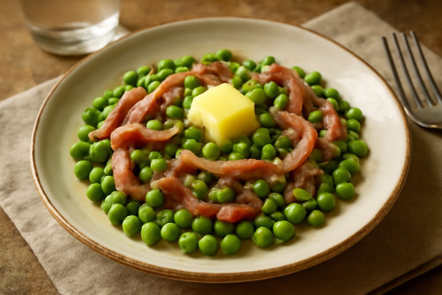 Piselli verdi brillanti e listarelle di prosciutto rosato in un piatto bianco, con una noce di burro che inizia a sciogliersi, cipolla trasparente sullo sfondo, decorato con un rametto di prezzemolo f