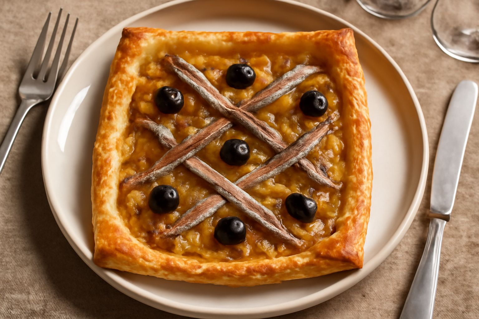 Pissaladière piemontese appena sfornata su un piatto bianco: sfoglia dorata e croccante, ricoperta di cipolle dorate trasparenti, filetti di acciughe grigie e olive nere, tagliata in quadrati regolari