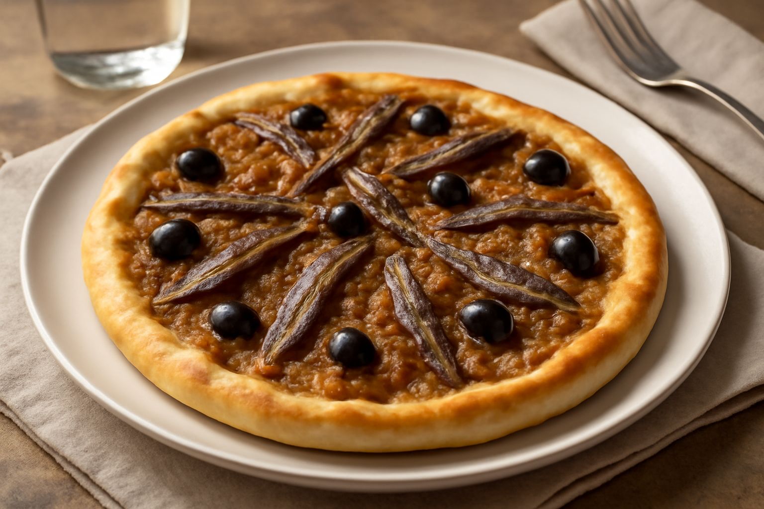 Focaccia rettangolare dorata con acciughe salate disposte a graticcio, cipolle morbide brunastre, olive nere sparse e olio lucido in superficie, su carta da forno grigia