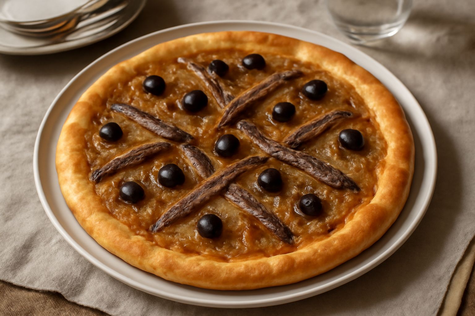 Pissaladière veneta dorata e croccante in teglia, con filetti di acciughe e olive nere in superficie, cipolla caramellata che sporge leggermente, fondo dorato uniforme, tagliato in rettangoli
