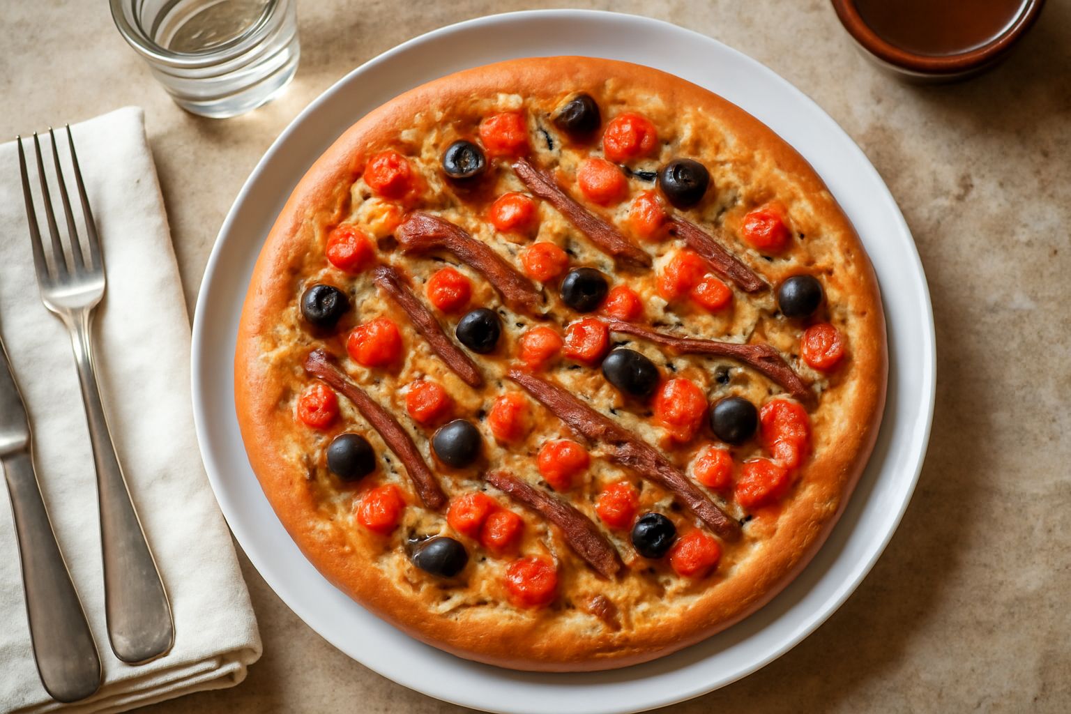 Pissalandrea tagliata a quadrati su tavolo di legno, focaccia sottile dorata con acciughe visibili, pomodori e olive nere sparse, olio d'oliva versato