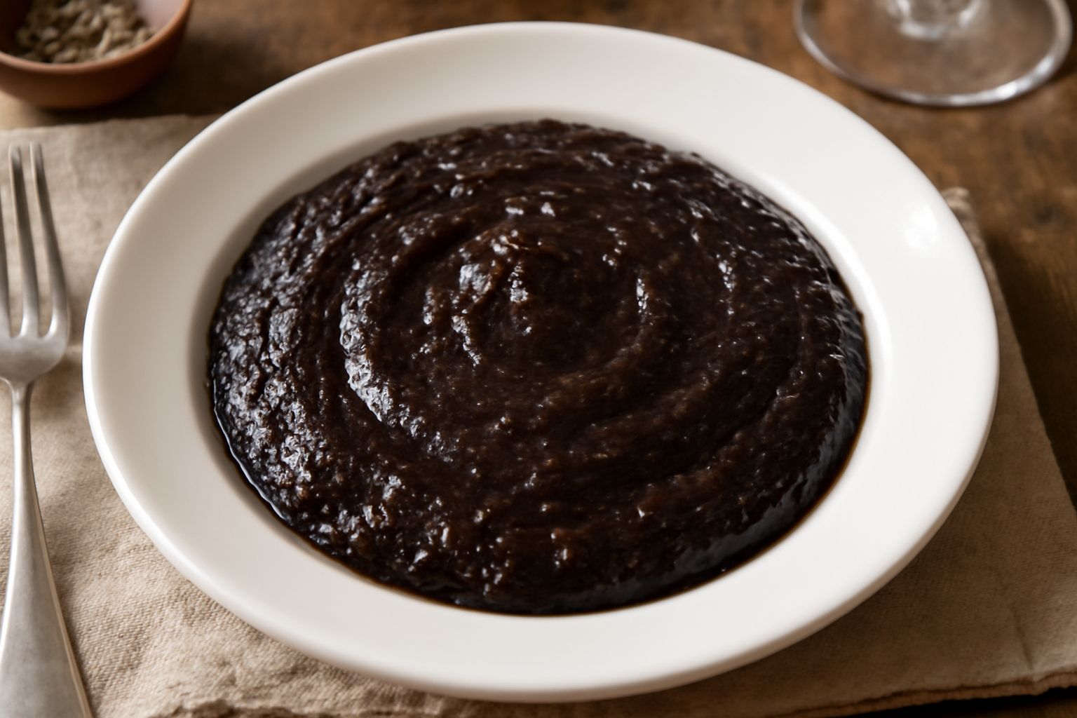 «Pissalat» marrone scuro in una ciotola di ceramica bianca, con un cucchiaio di legno, superficie lucida e cremosa, acciughe intere e grani di sale grosso attorno al bordo