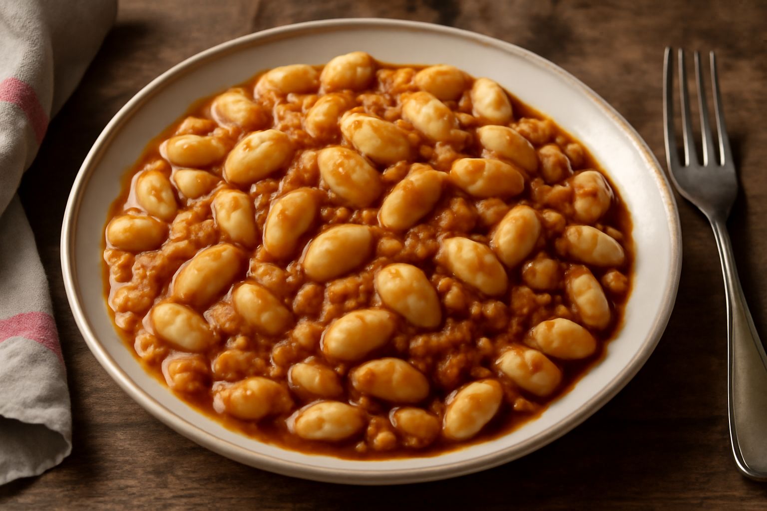 Piatto bianco con pissarei paffuti di colore beige-marrone, ricoperti da umido di fagioli bianchi e cremoso, conditi con olio verde. Accanto un cucchiaio di legno, tavolo di legno chiaro