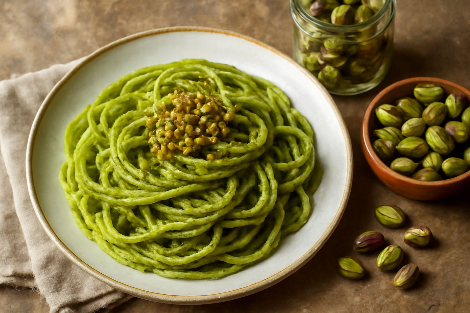 Pistacchi di Bronte tostati color verde smeraldo, leggermente salati, disposti in un barattolo di vetro trasparente con coperchio ermetico, con alcuni frutti sparsi accanto su fondo di legno chiaro