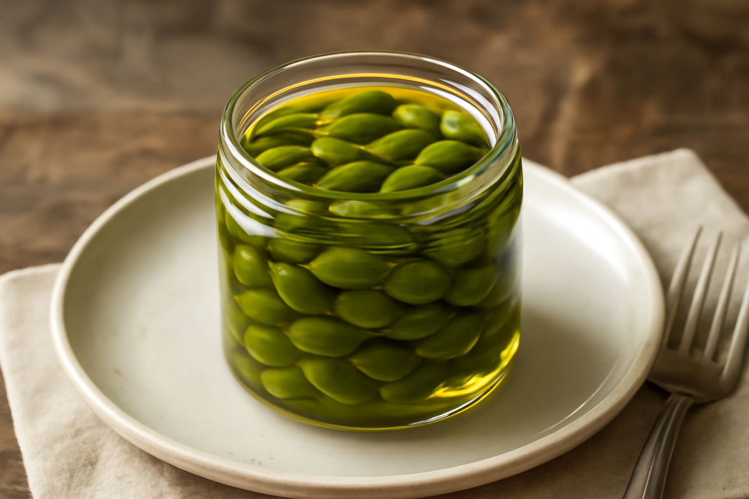 Barattolo di vetro con pistacchio verdi di Bronte conservati in olio dorato, con aglio e peperoncino visibili, etichetta con sfondo bianco neutro