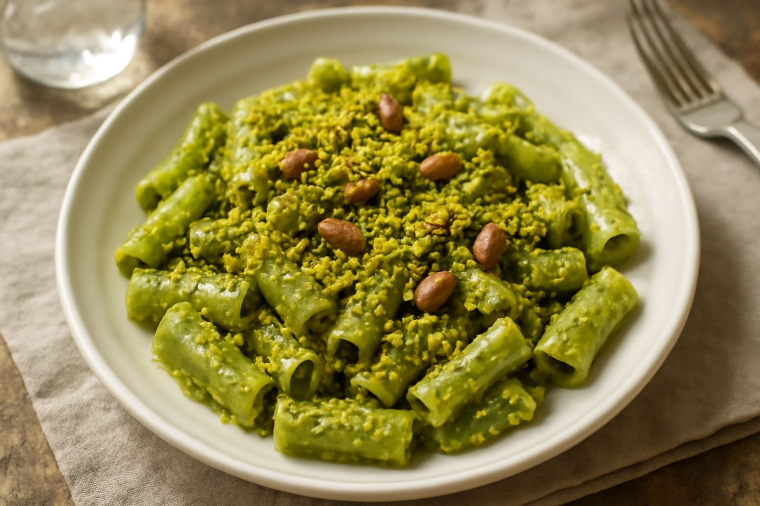 Pistacchi di Bronte sgusciati in una ciotola di ceramica bianca, con i loro gusci aperti intorno, su un tavolo di legno chiaro con una manciata di pistacchi interi sullo sfondo