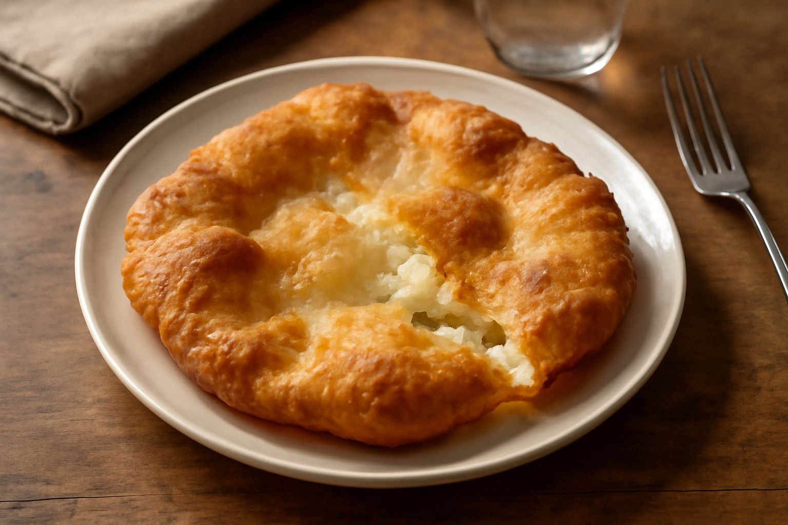Pistidde dorate e croccanti appaiate su un piatto bianco, ancora calde dal fritto, con una leggera patina oleosa lucida e sfogliature dorate ai bordi