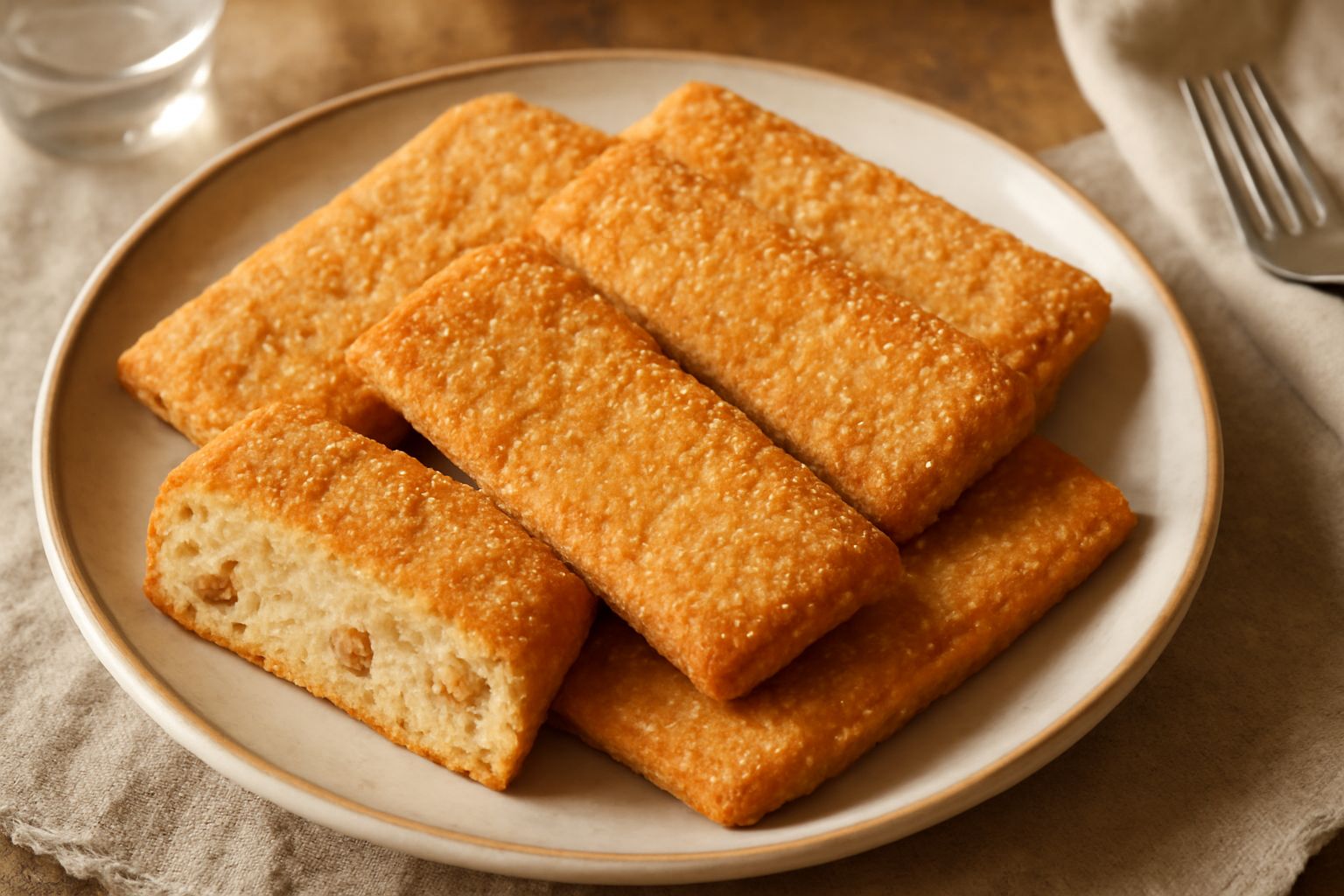 Pistoccu dolci color dorato disposti su un piatto di ceramica bianca, biscotti rettangolari croccanti con visibili granelli di zucchero, mandorle intere e texture ruvida, sfondo chiaro e piatto vuoto 