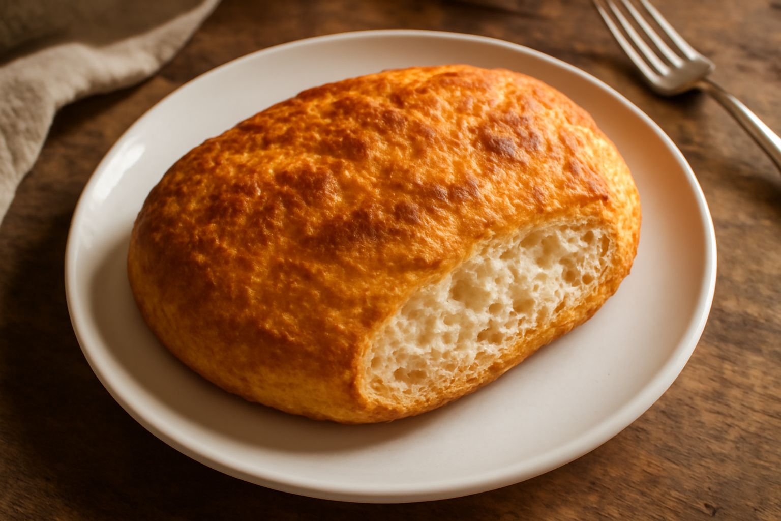 Pane croccante color dorato con forma ovale leggermente bombato, crosta croccante visibile, spezzato a metà per mostrare l'interno poroso e chiaro, su un canovaccio di lino naturale