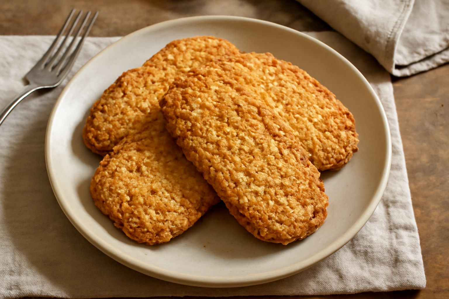 Biscotti croccanti color ambrato con mandorle visibili, dispososti su un piatto bianco, con una mandorla intera a fianco come guarnizione
