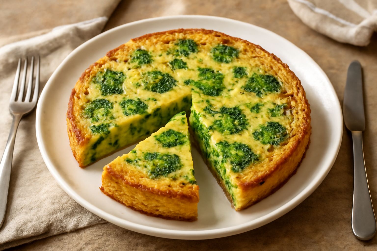 Frittata di broccoli tagliata a spicchi su un piatto bianco, broccoli verdi visibili nella massa dorata delle uova, bordi leggermente caramellati