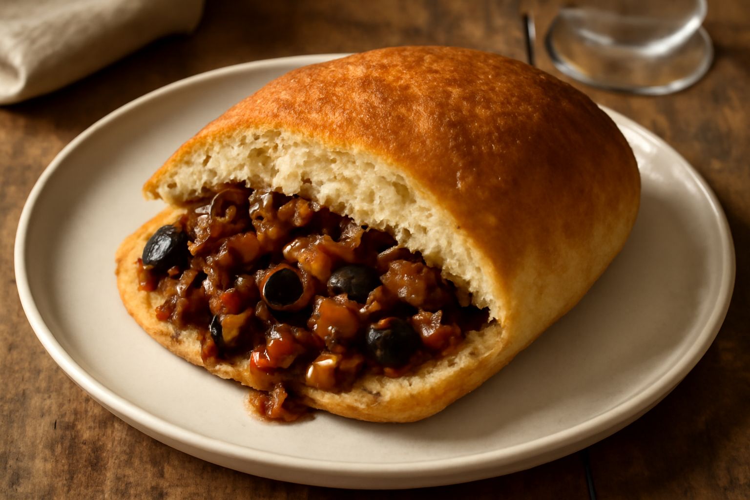 Una pitta ca' caponata tagliata a metà, con crosta dorata e croccante, ripiena di melanzane scure, olive nere, pomodori rossi e cipolla gialla, servita su un piatto bianco