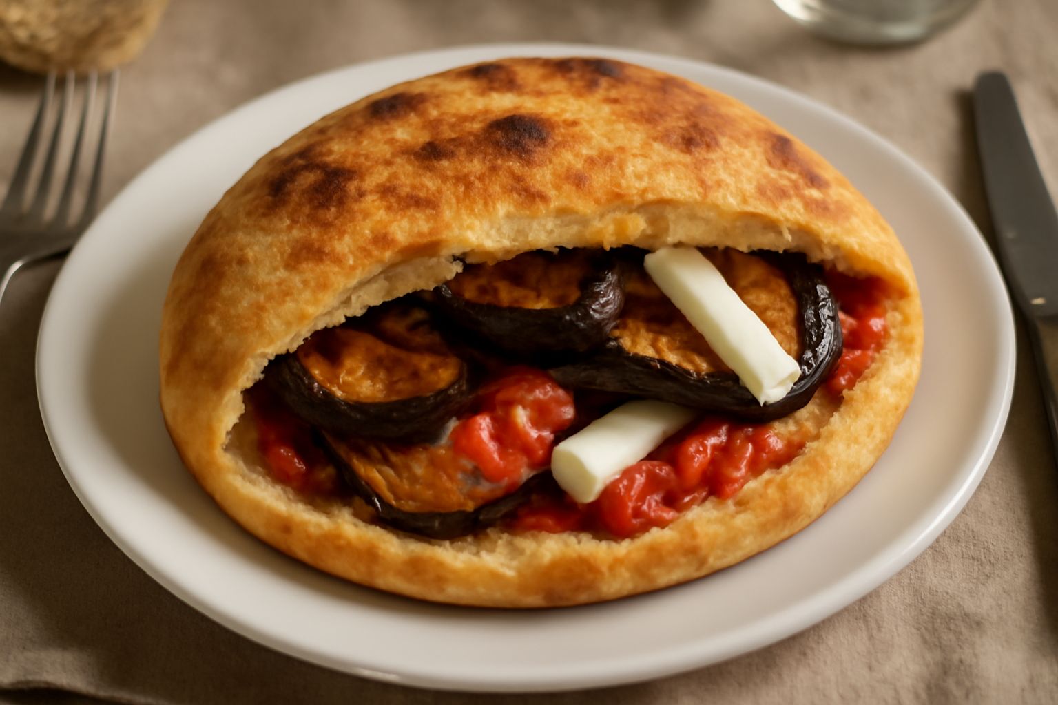 Pitta ca' la melanzana tagliata a metà su un piatto bianco, che mostra il ripieno di melanzane fritte dorato, pomodoro rosso e formaggio bianco filante, con sfoglia dorata e croccante