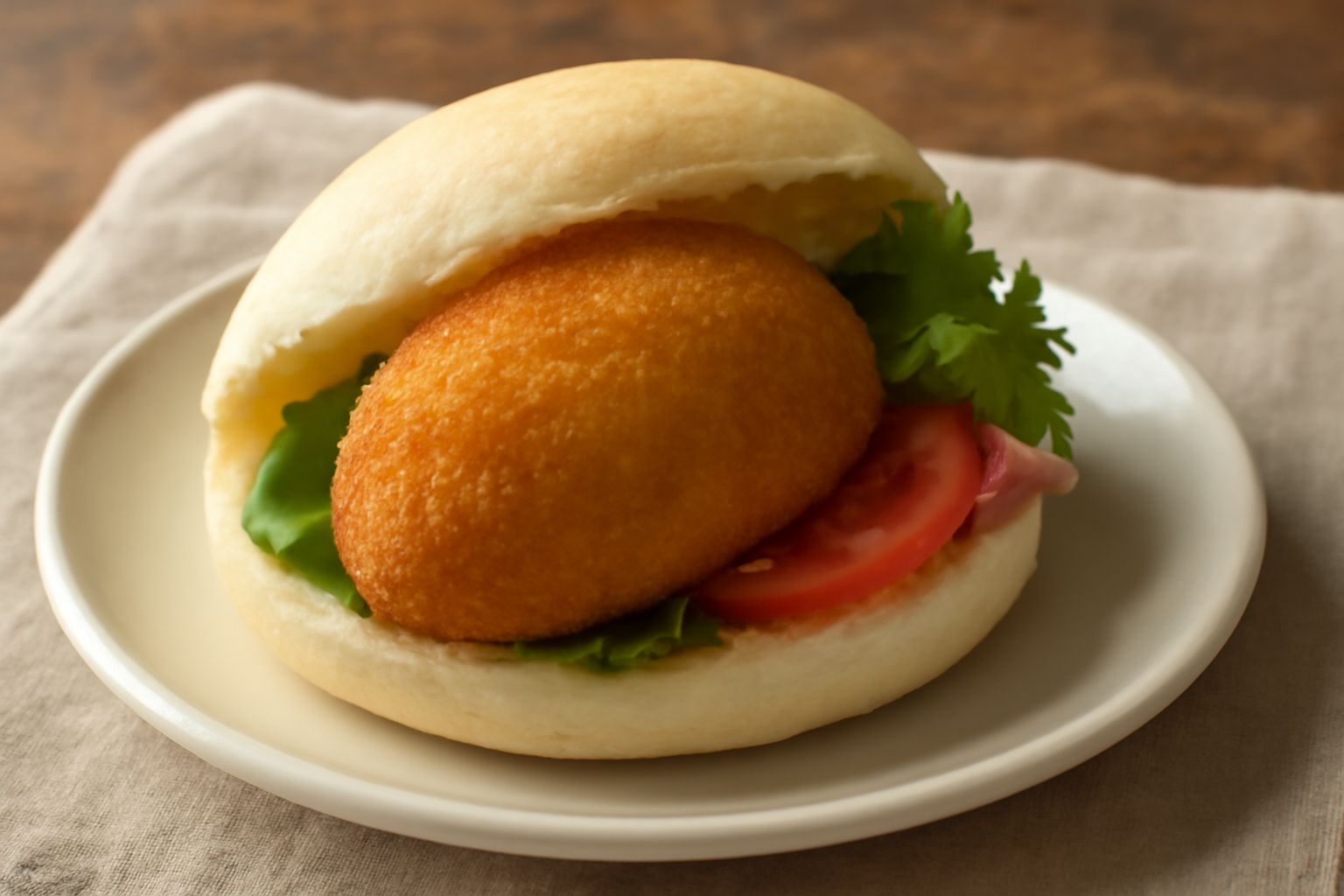 Panino di pitta aperto con arancino dorato ripieno di ragù e piselli al centro, su un piatto bianco, con maionese e pomodoro fresco a lato