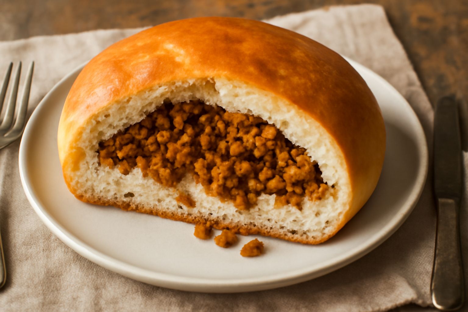 Pitta tonda dorata con superficie lievemente croccante, tagliata a metà per mostrare il ripieno di uova salate sminuzzate color ambra, appoggiata su un piatto bianco con un cucchiaio di legno accanto