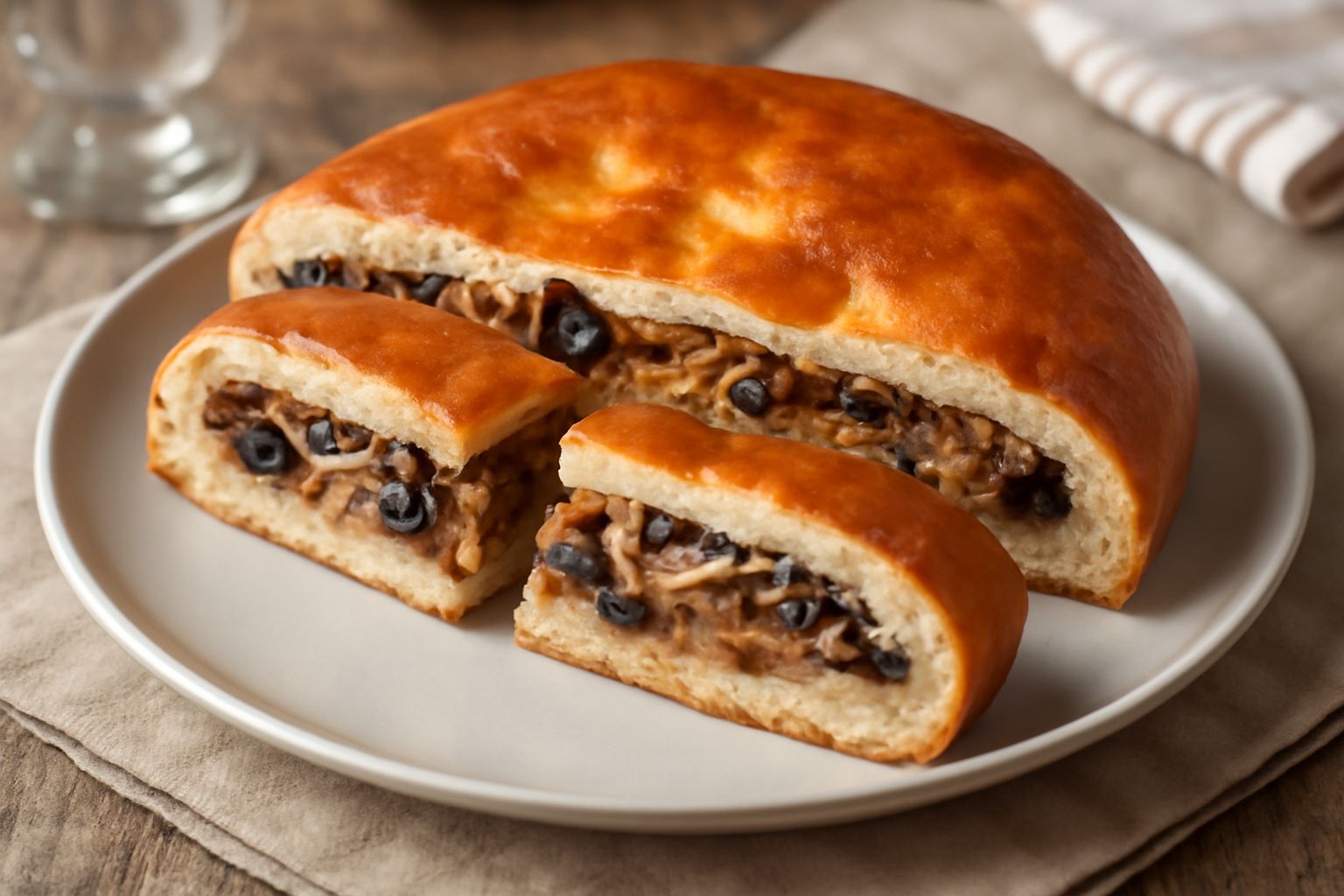 Pitta ca nciolla tagliata a metà su un tavolo di legno, che mostra il ripieno di cipolla dorata, alici e olive nere, pane color miele con superficie leggermente lucida