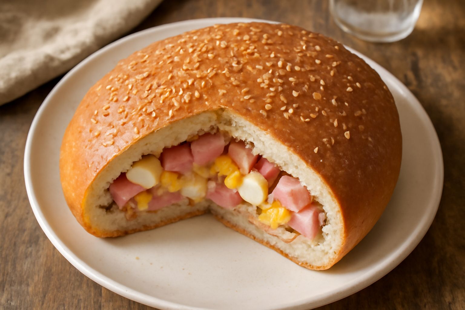 Pitta calabrese tagliata a fette su un piatto bianco, con l'interno visibile: ripieno multicolore di mortadella rosa, formaggio bianco, uova gialle e pepe nero sparso