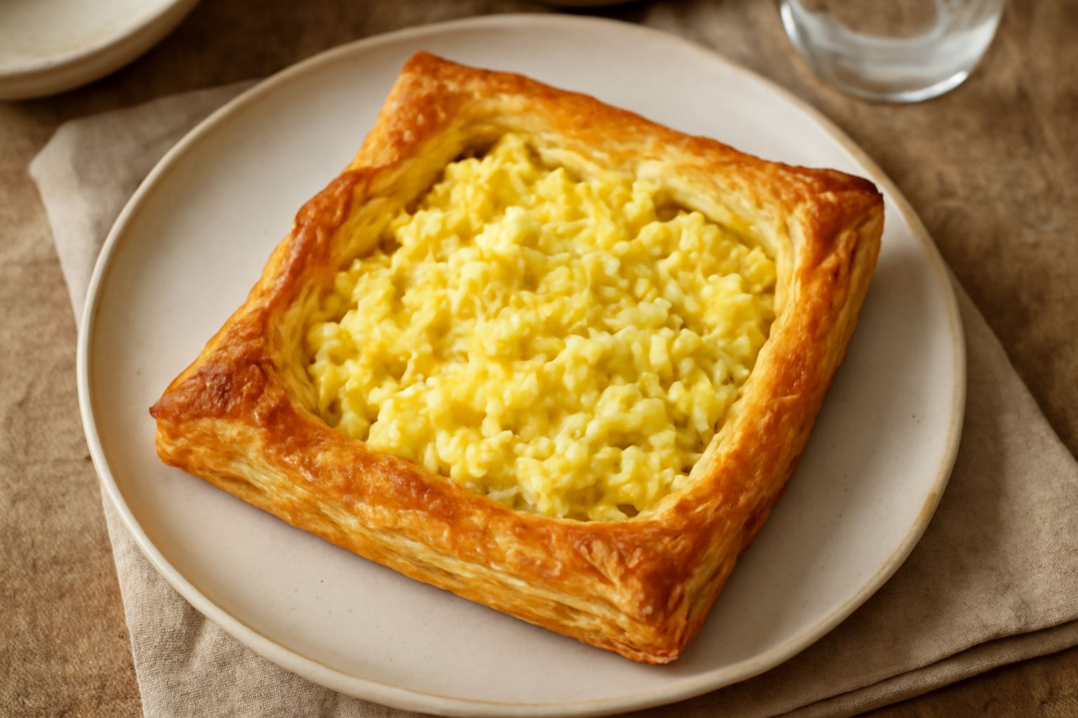 Pitta co l'ova dorata e croccante spezzata a metà su un piatto bianco, con uova strapazzate gialle visibili all'interno e grattugia di formaggio, accanto un bicchiere d'acqua