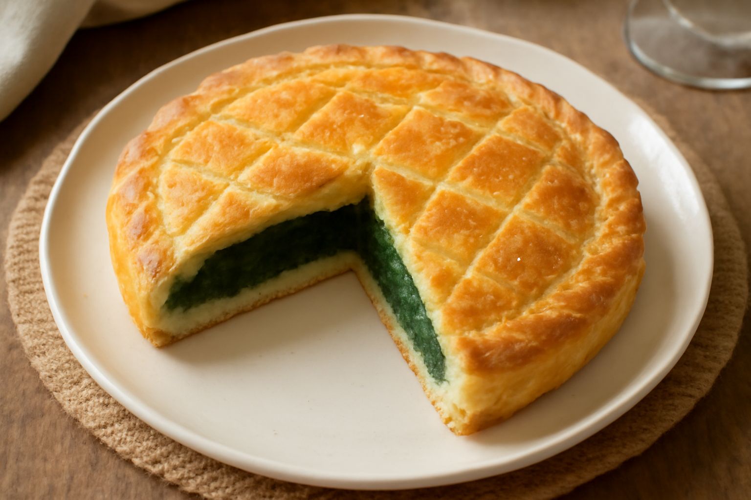 Una pitta dorata con superficie segnata da un reticolo, spezzata per mostrare il ripieno verde intenso di ortica, servita su piatto bianco con briciole di pasta attorno