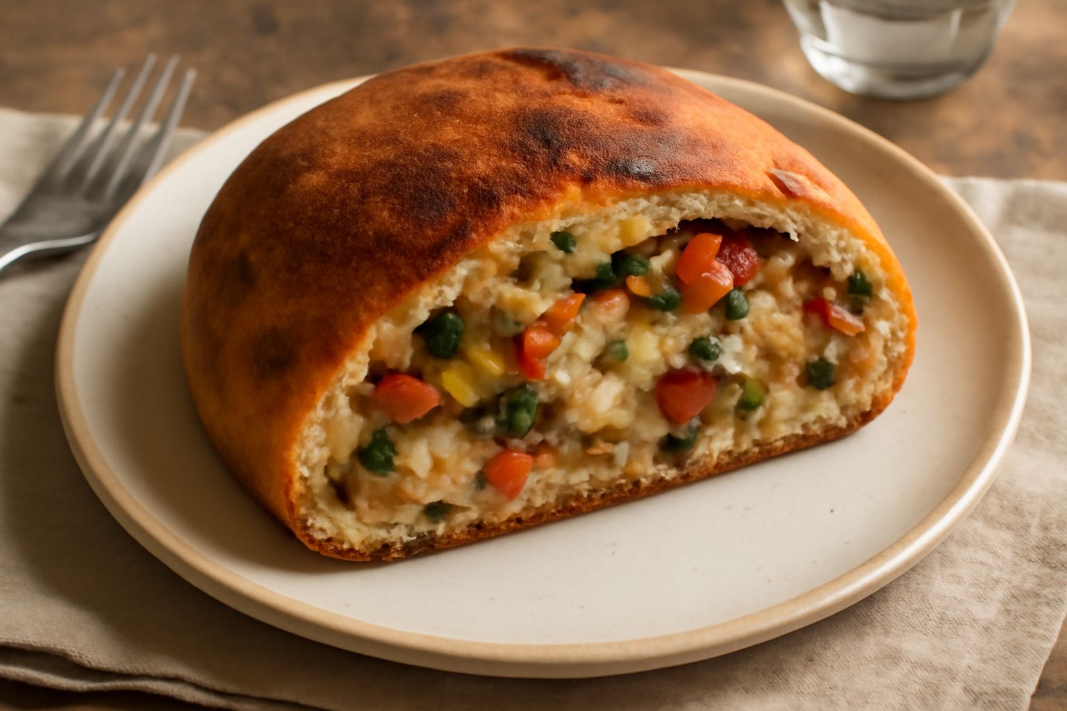 Pitta tonda dorata con superficie croccante, tagliata a metà per mostrare l'interno soffice con striature di verdure verdi e gialle, pomodori e formaggio fuso, poggiata su un piatto bianco