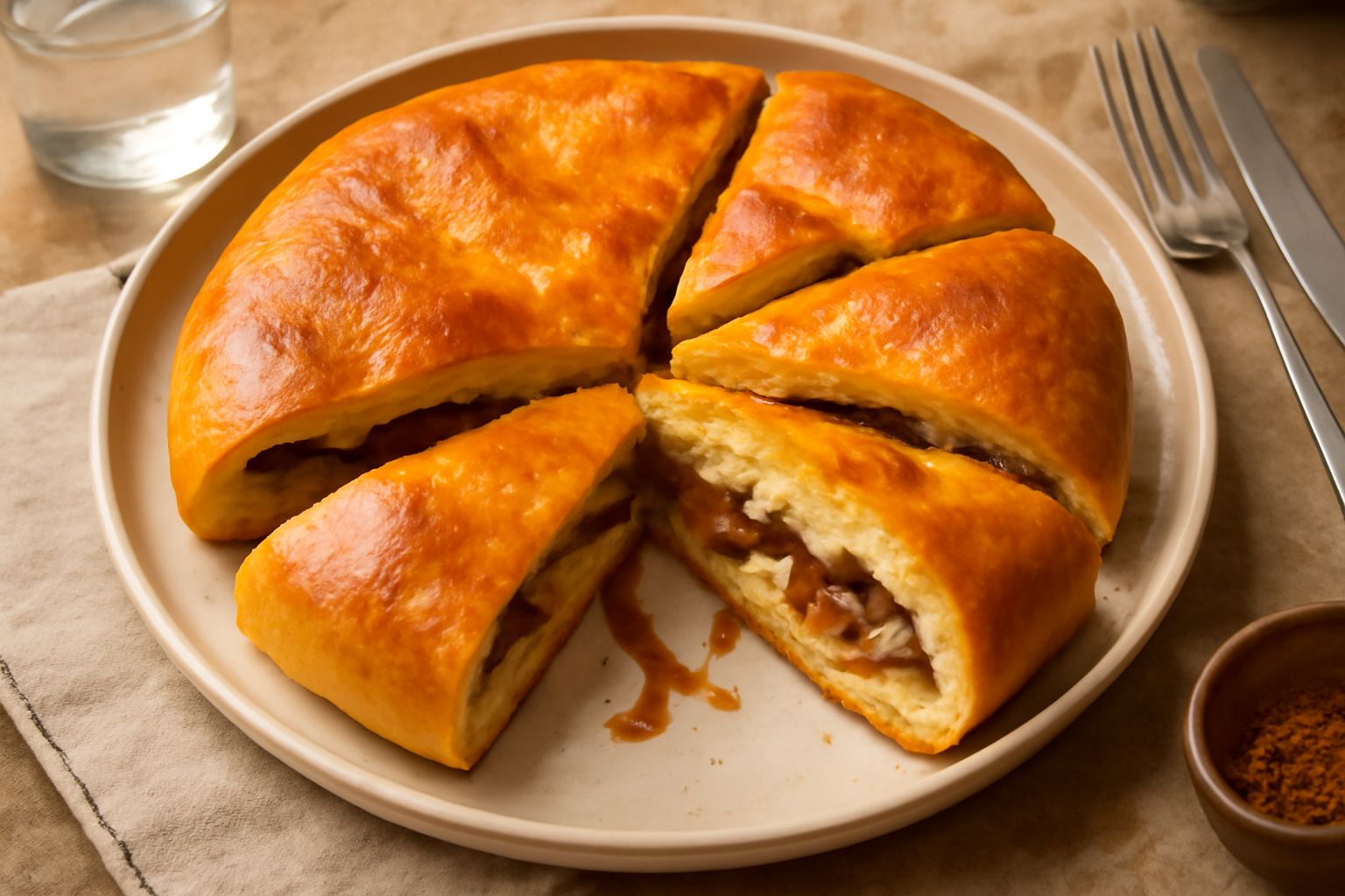 Pitta appena sfornata dorata e croccante, tagliata a metà per mostrare il ripieno di cipolle caramellate color ambra, con vapore che esce dalla mollica soffice all'interno